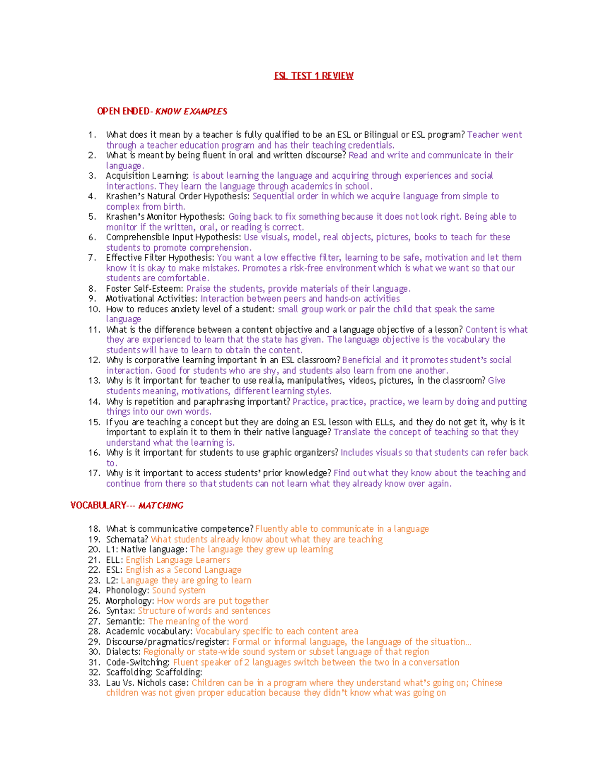 ESL TEST 1 Review ESL TEST 1 REVIEW OPEN ENDED KNOW EXAMPLES What