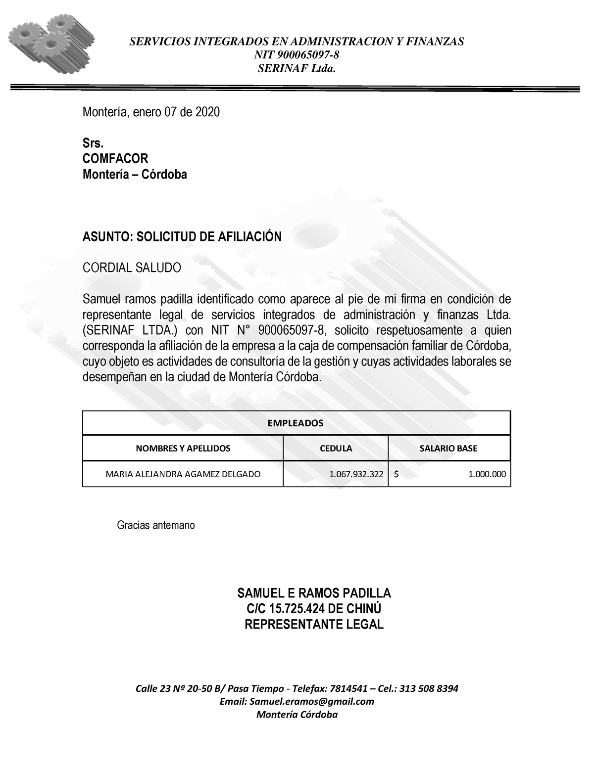 Carta Solicitud Afiliacion Comfacor - SERVICIOS INTEGRADOS EN ...