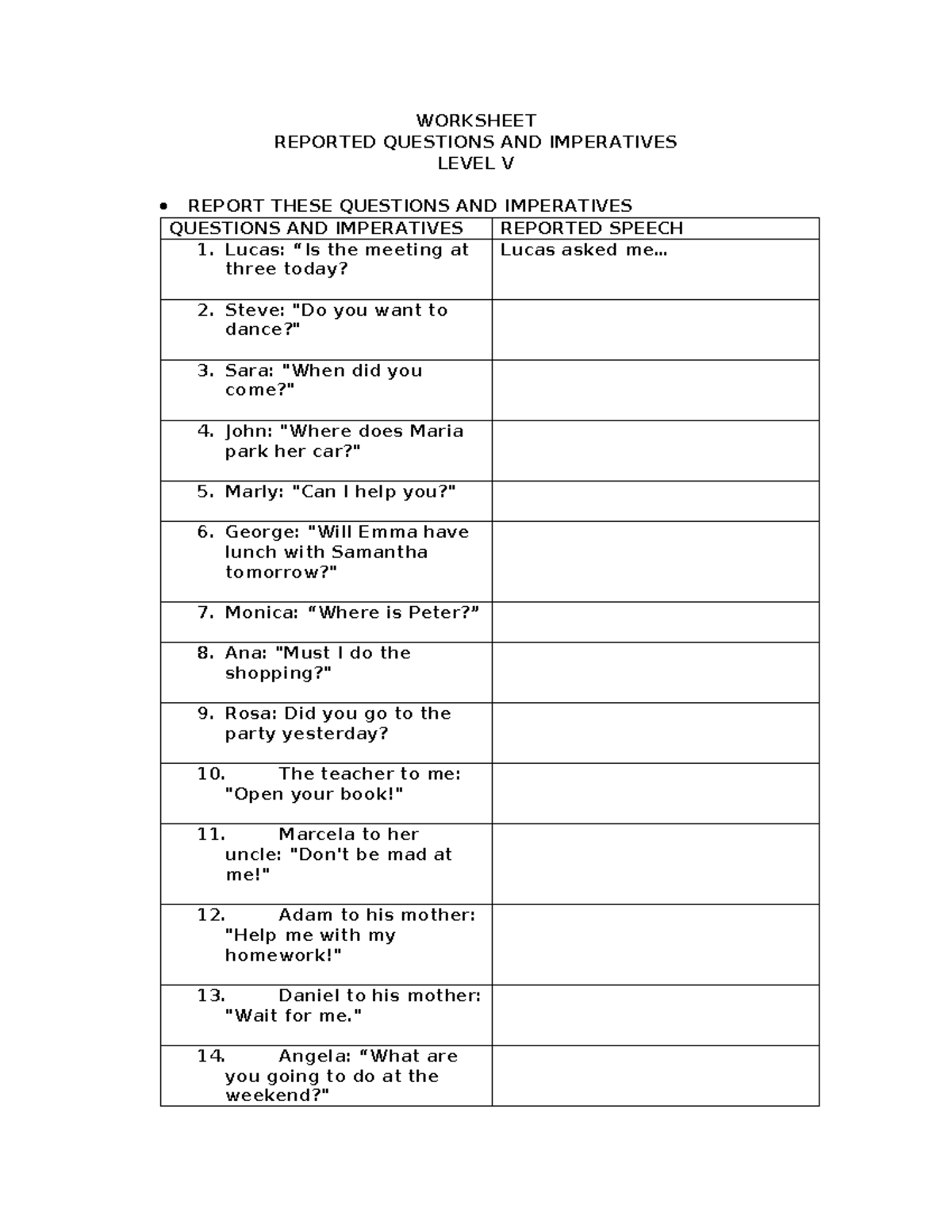 Worksheet - WORKSHEET REPORTED QUESTIONS AND IMPERATIVES LEVEL V REPORT ...
