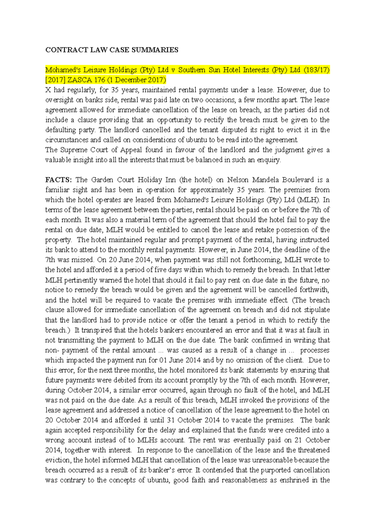 CNT cases Case law prescribed CONTRACT LAW CASE SUMMARIES Mohamed's