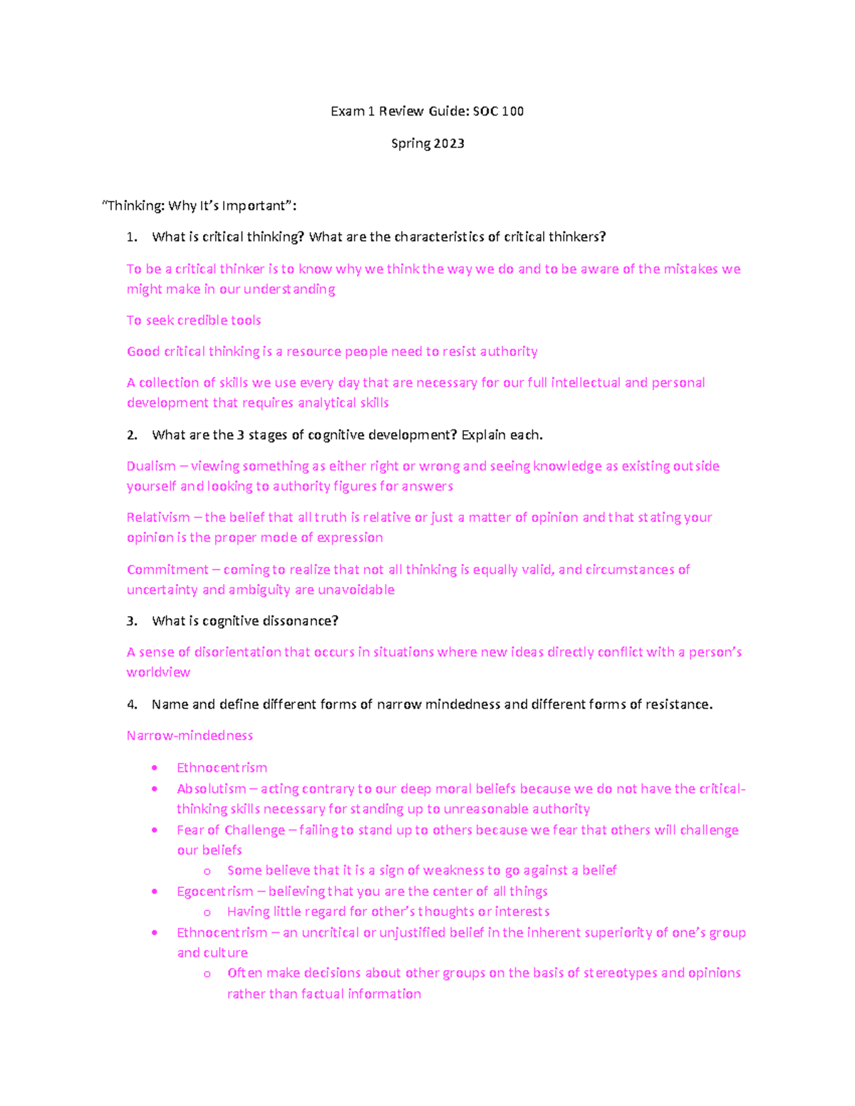 Exam 1 Review Spring 2023 - Exam 1 Review Guide: SOC 100 Spring 2023 ...