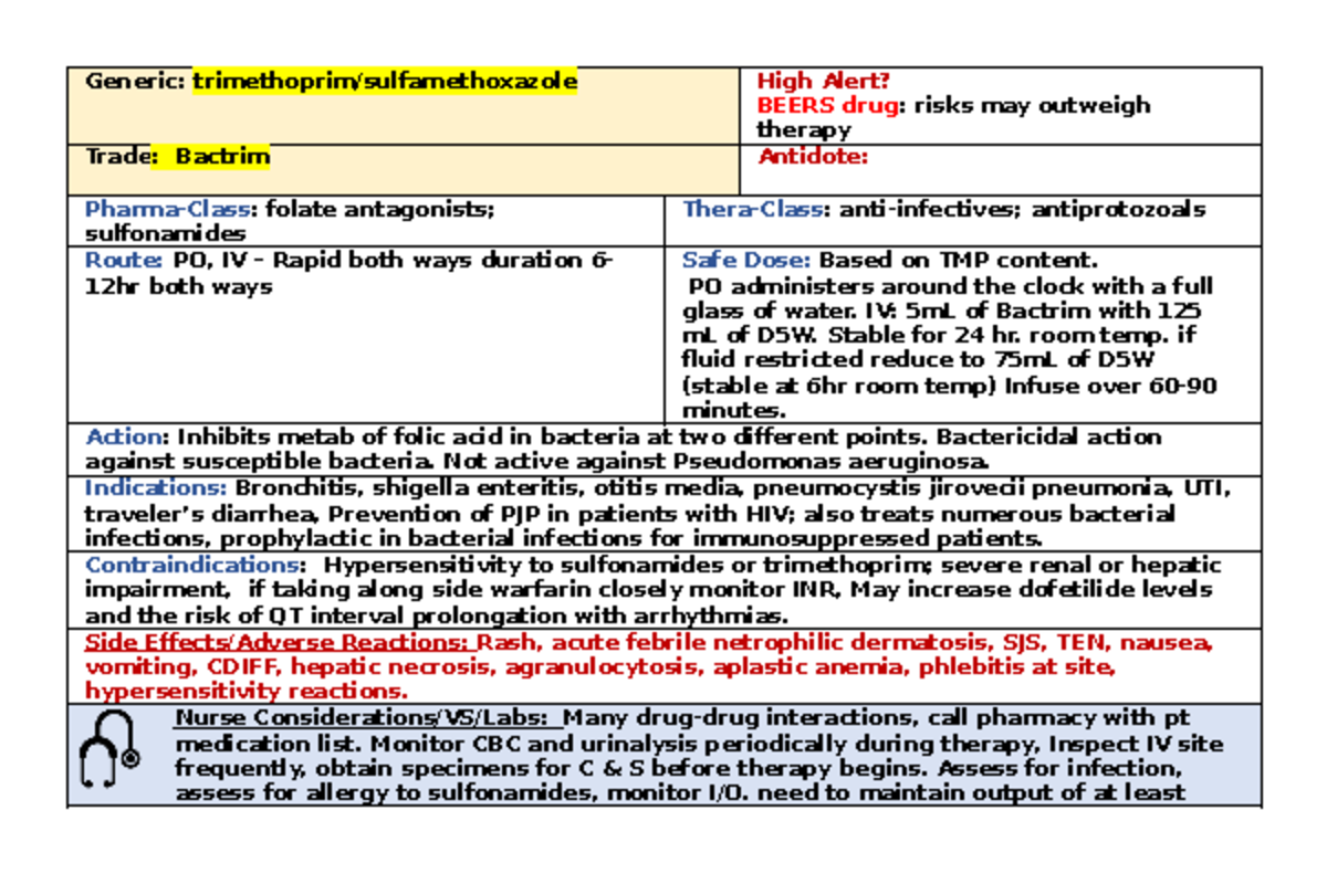 Bactrim Drug Card Generic trimethoprim/sulfamethoxazole High Alert