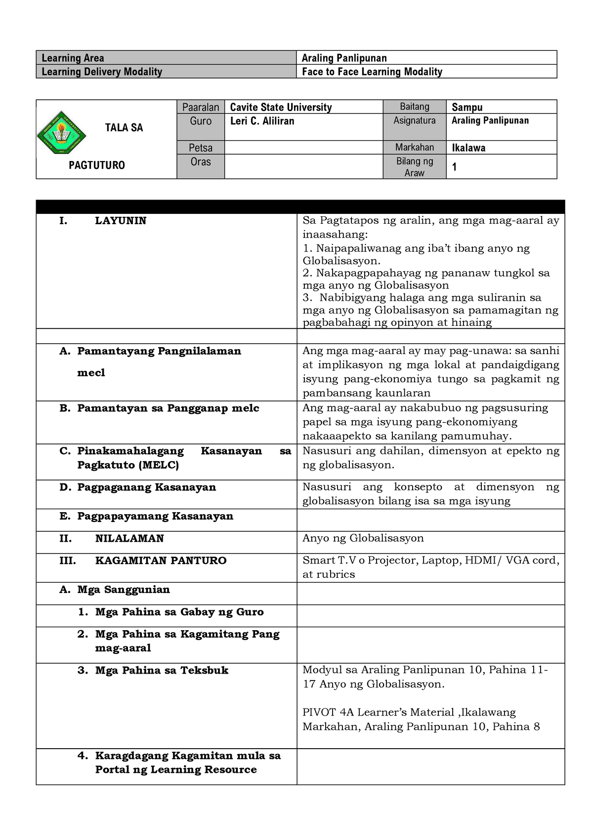 IDEA Lesson Exemplar Template - Learning Area Araling Panlipunan ...