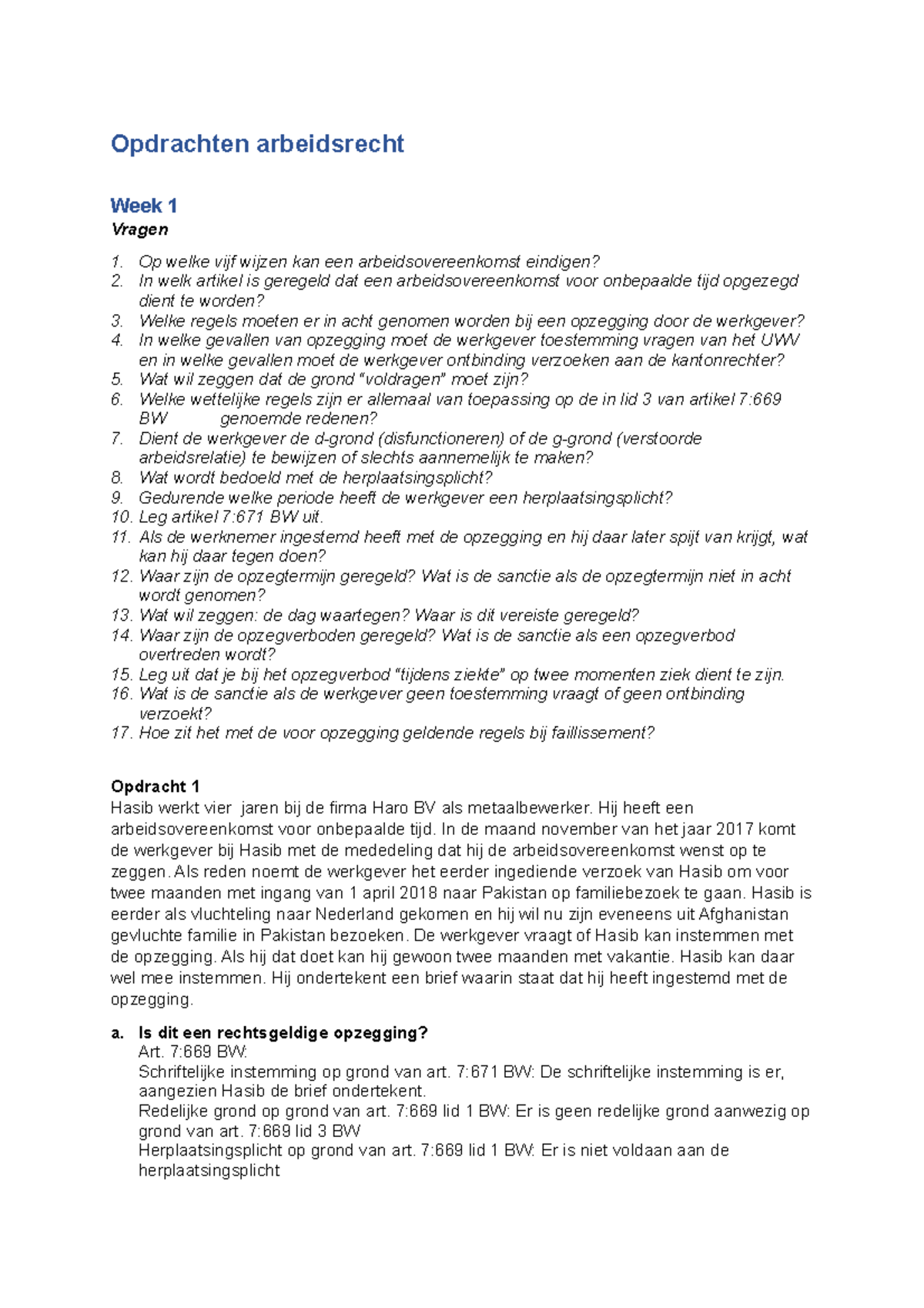 Werkgroep Uitwerkingen Arbeidsrecht K7 - Opdrachten Arbeidsrecht Week 1 ...