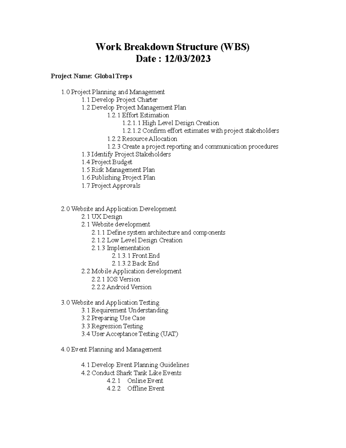 Wbs - this is WBS for global treps running case - Work Breakdown ...