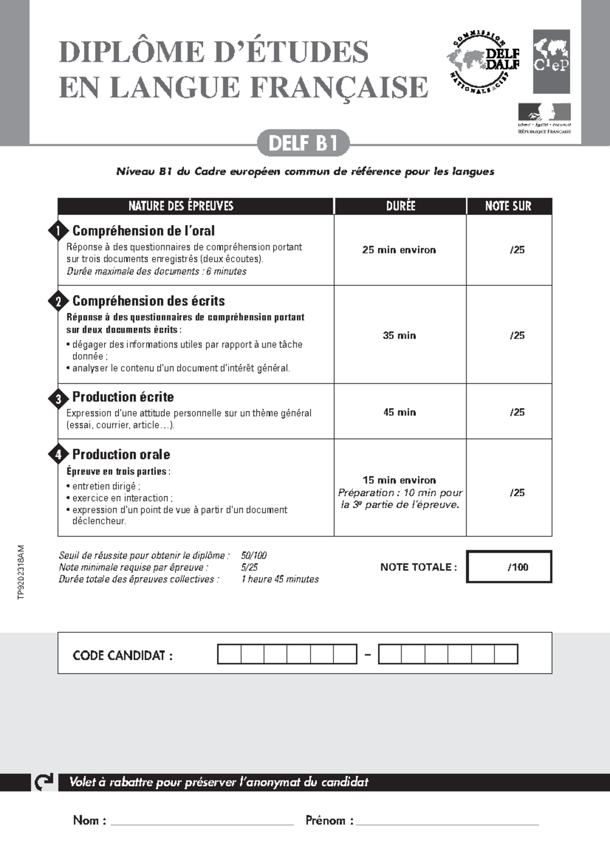 DELF B1 Sujet 5 DIPL ME D TUDES EN LANGUE FRAN AISE Nom 