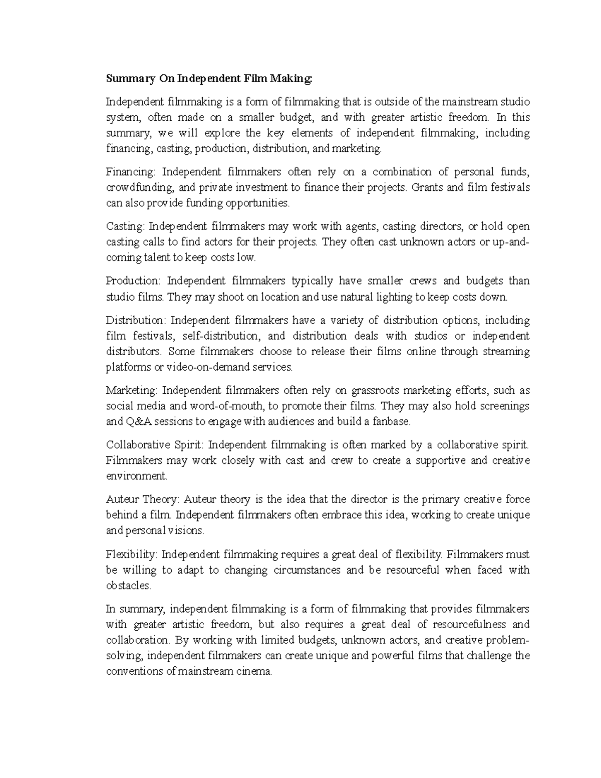Summary On Independent Film Making - Summary On Independent Film Making ...
