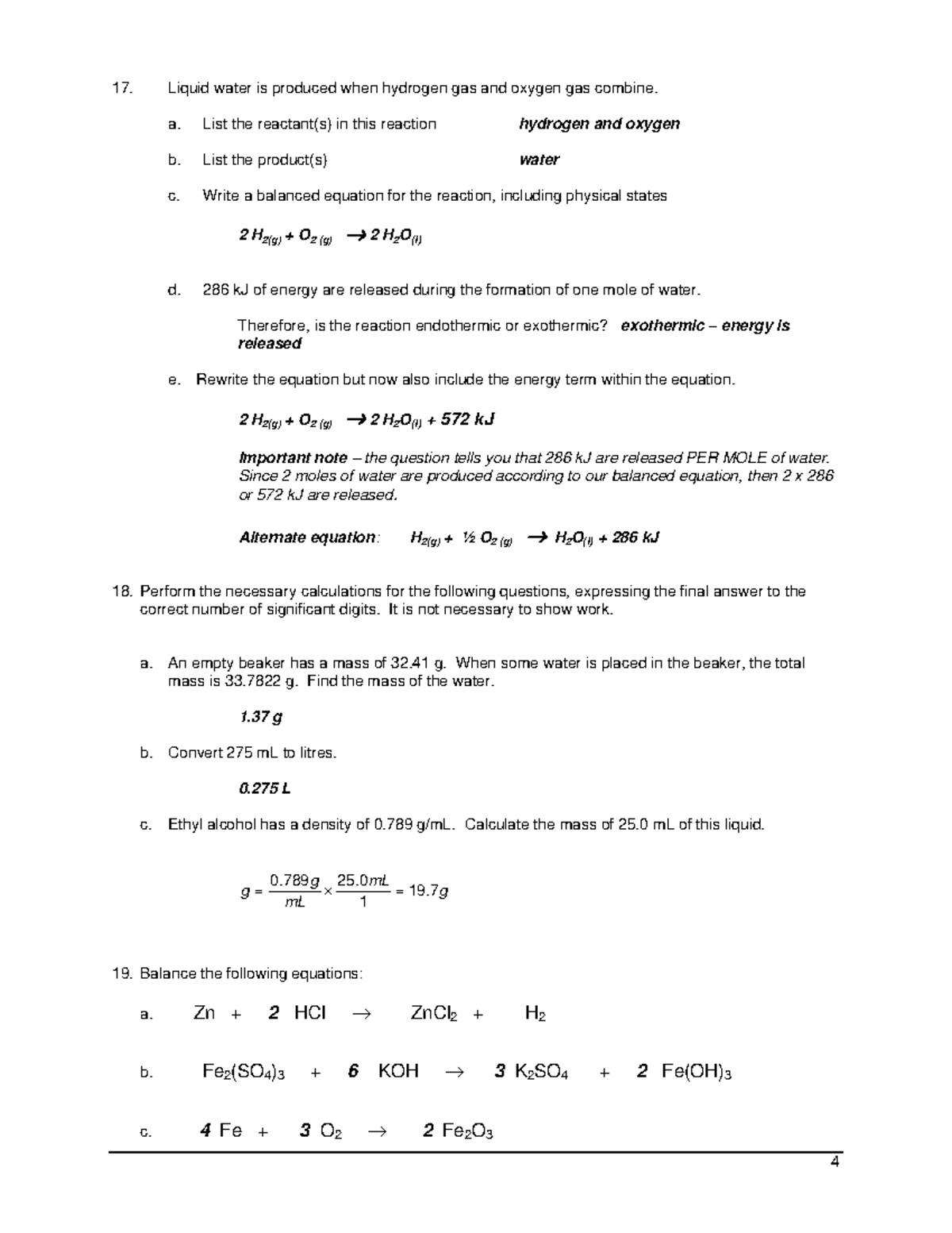 Basic chem review answers 4 - 17. Liquid water is produced when ...