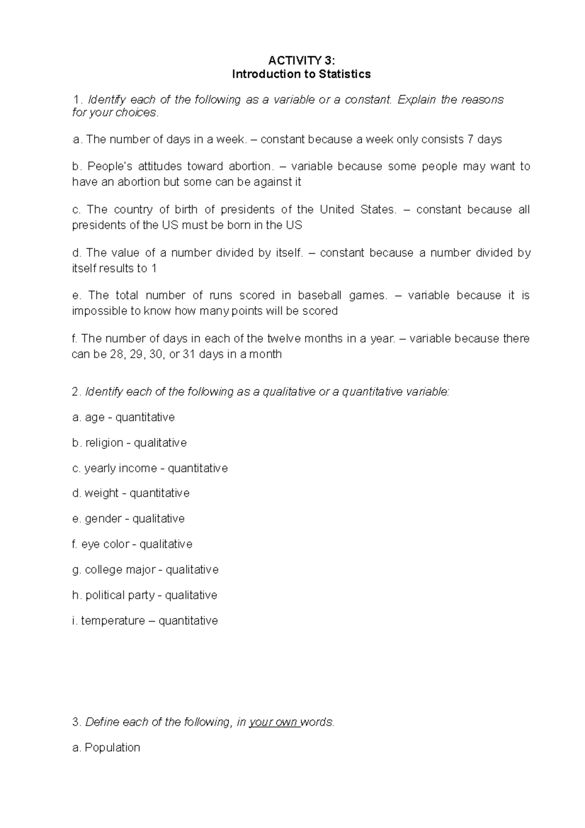 Activity 3 Introduction to Statistics - ACTIVITY 3: Introduction to ...