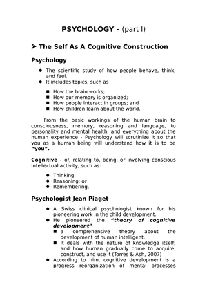 Psychology PSYCHOLOGY part l The Self As A Cognitive