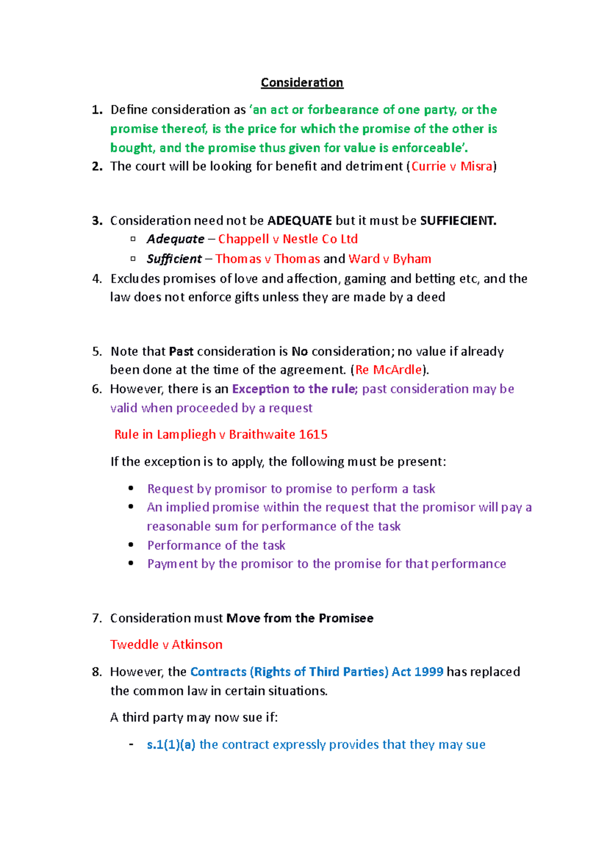 Law of Contract - Revision summary of Consideration in Flo-Chart form ...