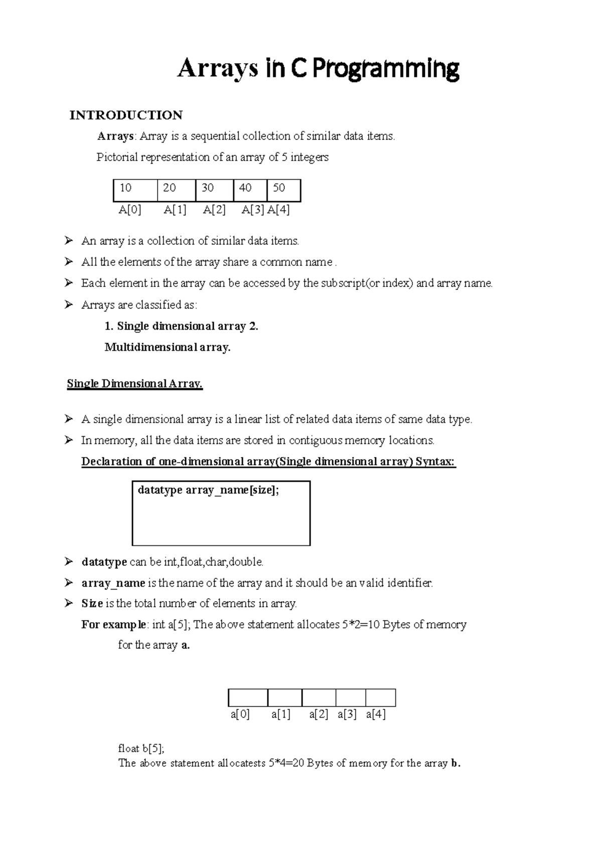 Arrays in C Lecture Notes - Arrays in C Programming INTRODUCTION Arrays ...