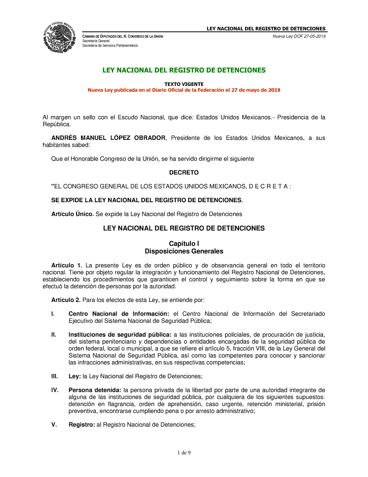 LNRD 270519 - LEY NACIONAL DE REGISTRO DE DETENCIONES - C¡MARA DE ...