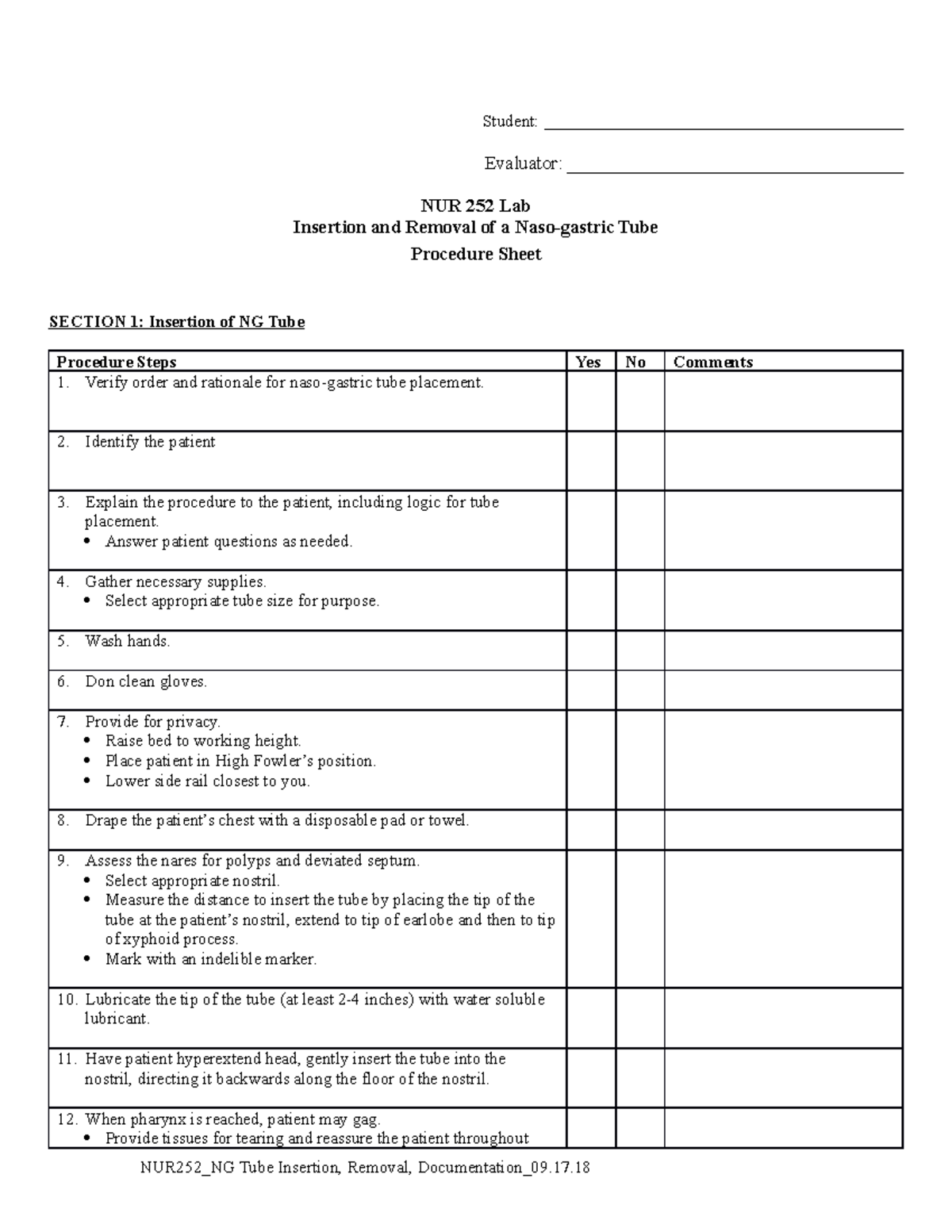 NG Tube Insertion and Removal Checklist Student