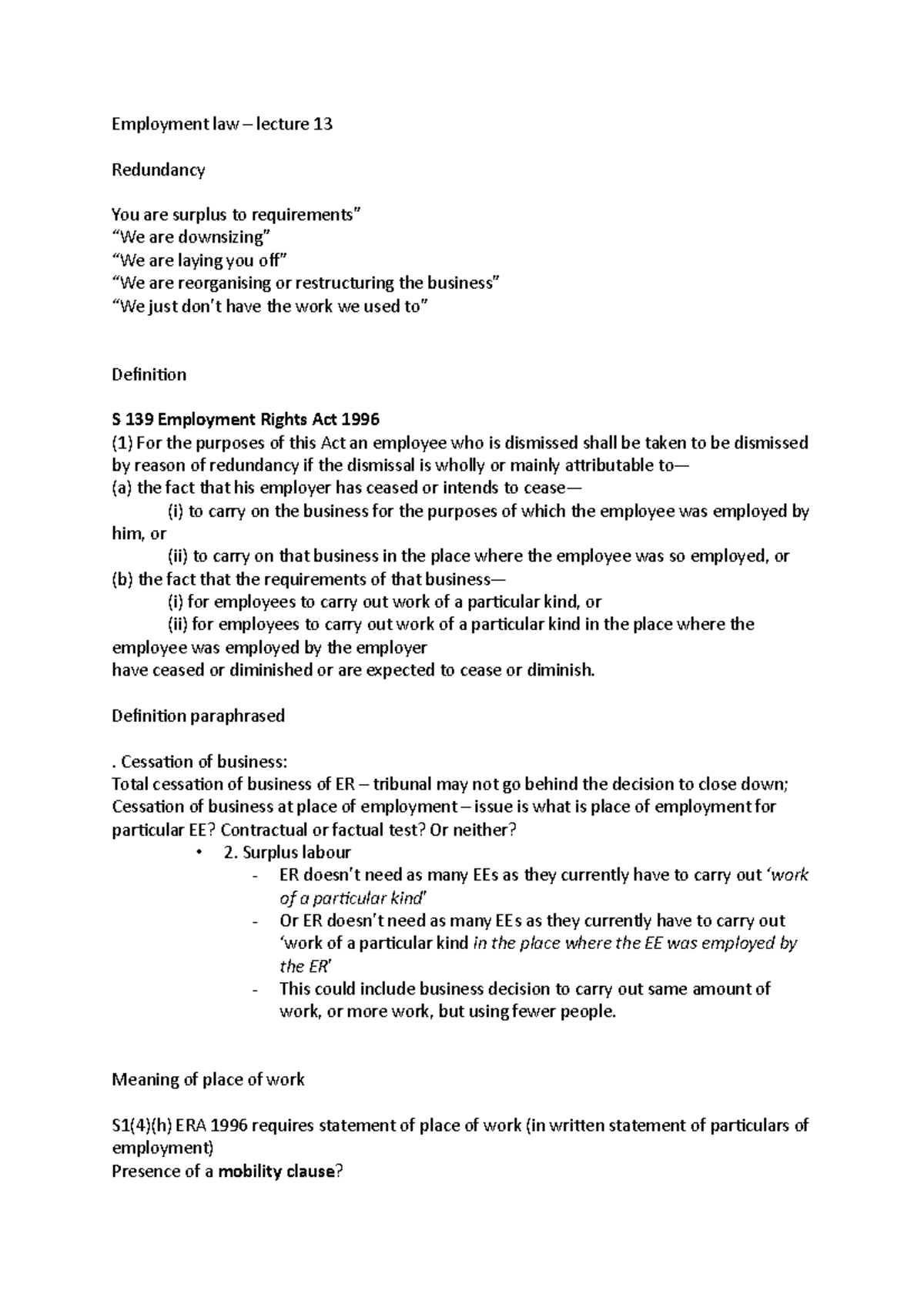 Employment law 13 - Lecture notes 13 - Employment law – lecture 13 ...