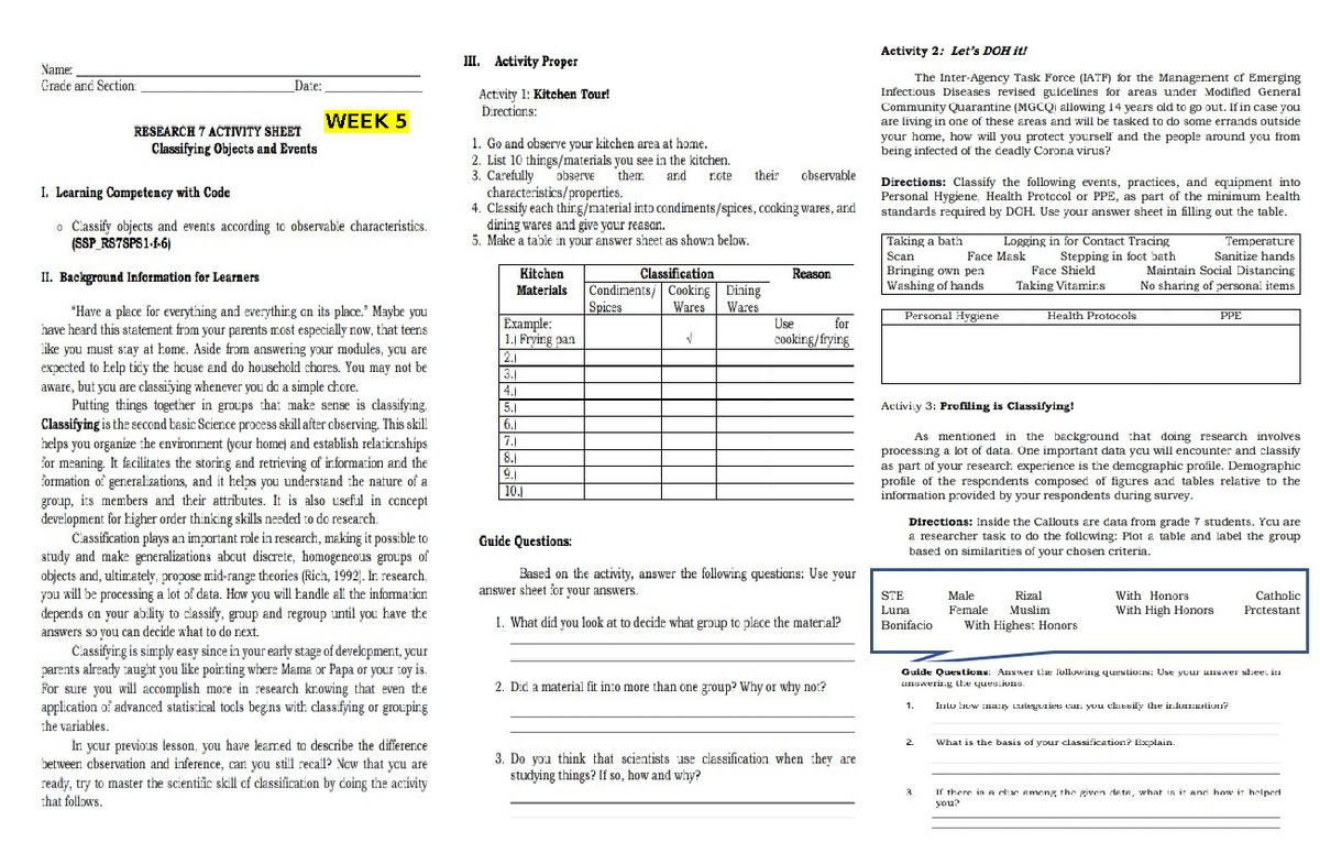 WEEK 5- Activity Sheet Research 7 Q1 - Activity 2: DOH it! Activity ...
