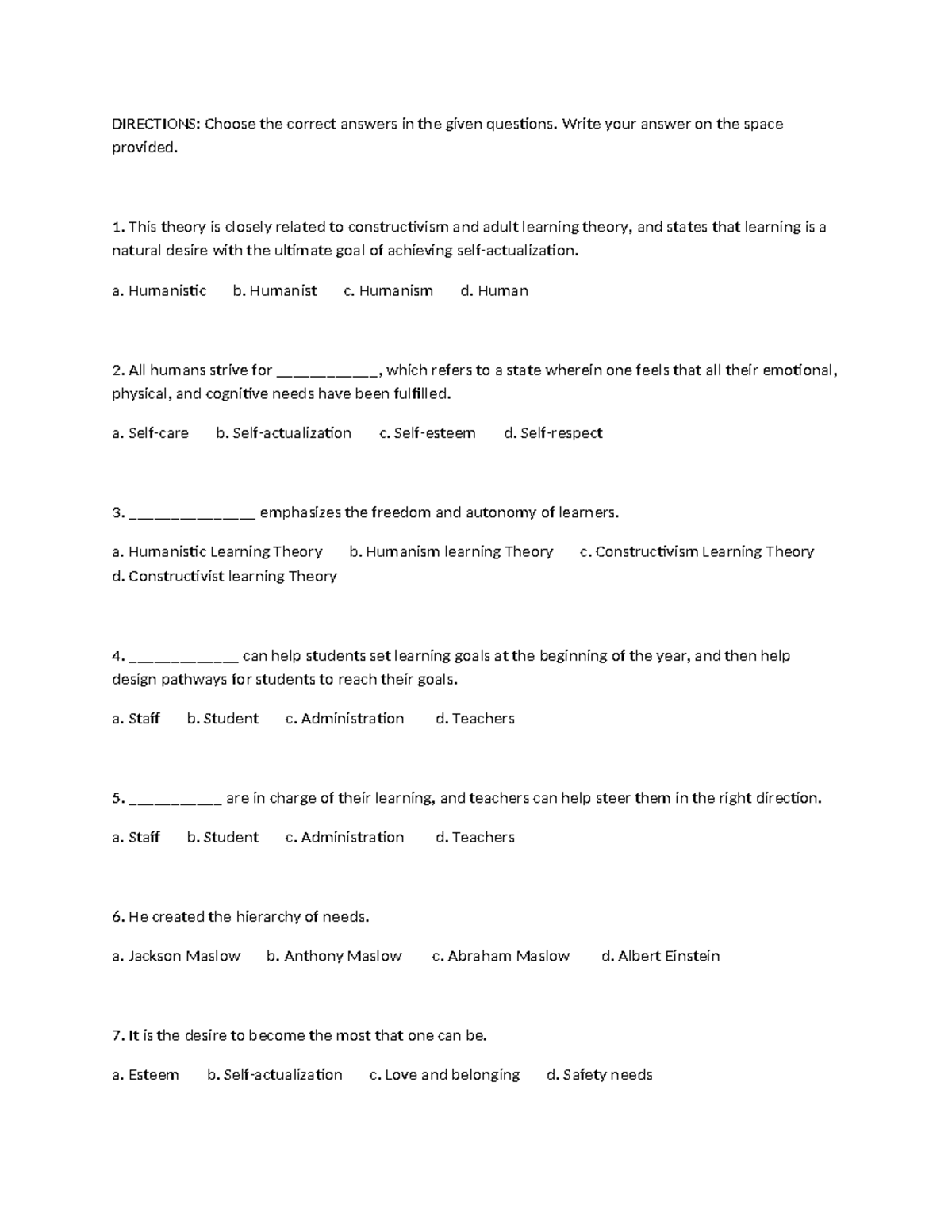 Humanism - DIRECTIONS: Choose the correct answers in the given ...