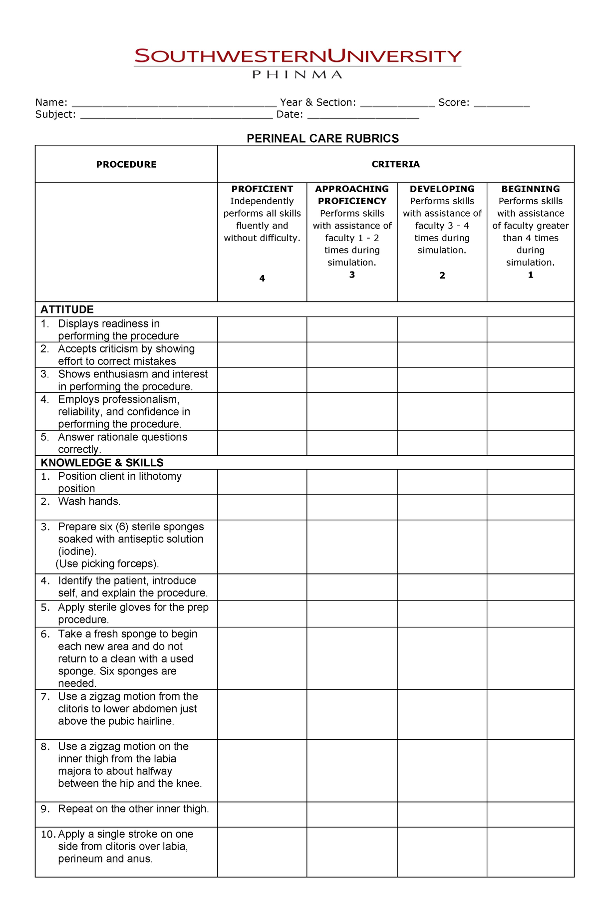 perineal care format - Name: _________________________________ Year ...