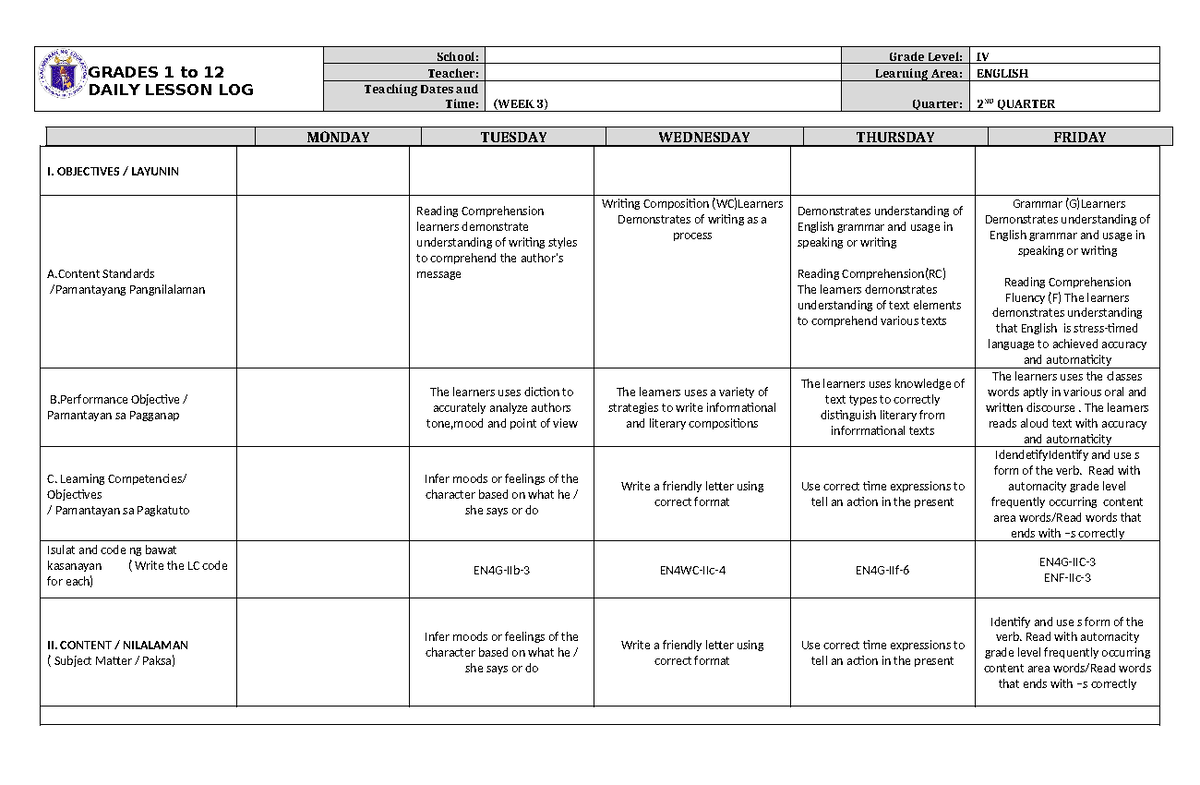DLL English 4 Q2 W3 - GRADES 1 to 12 DAILY LESSON LOG School: Grade ...