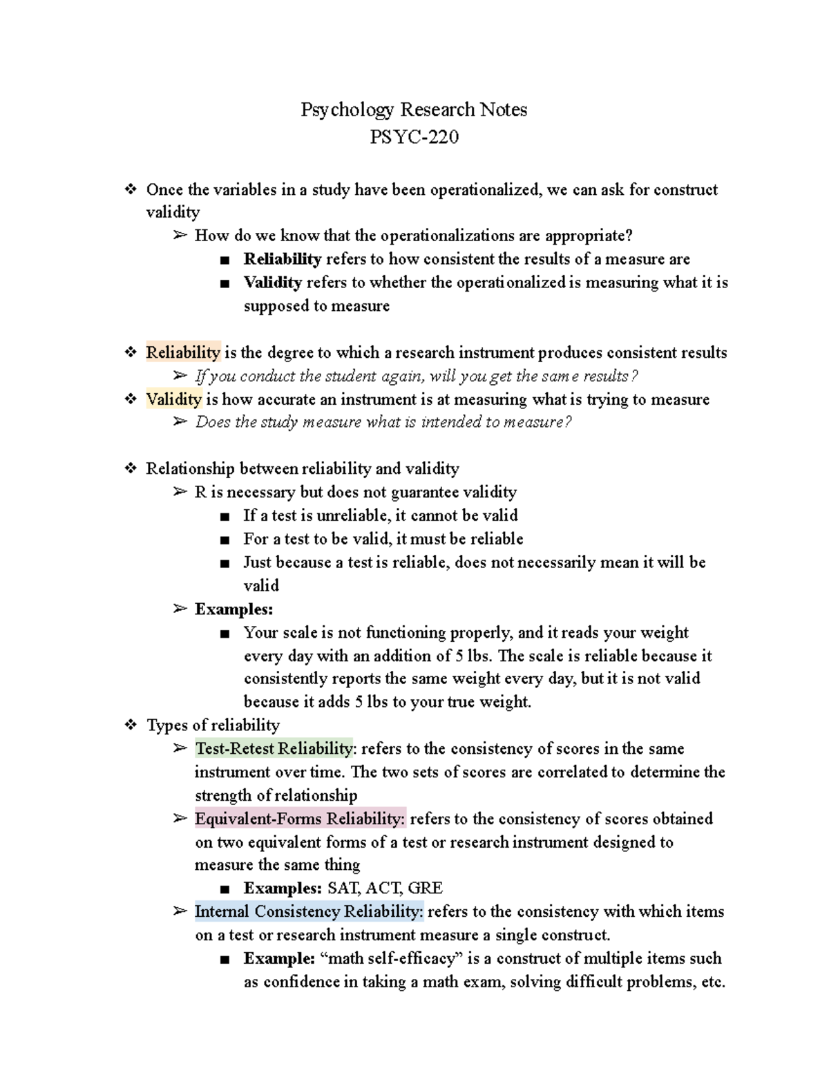 PSYC -220 Notes: Reliability of Measurements - Psychology Research ...