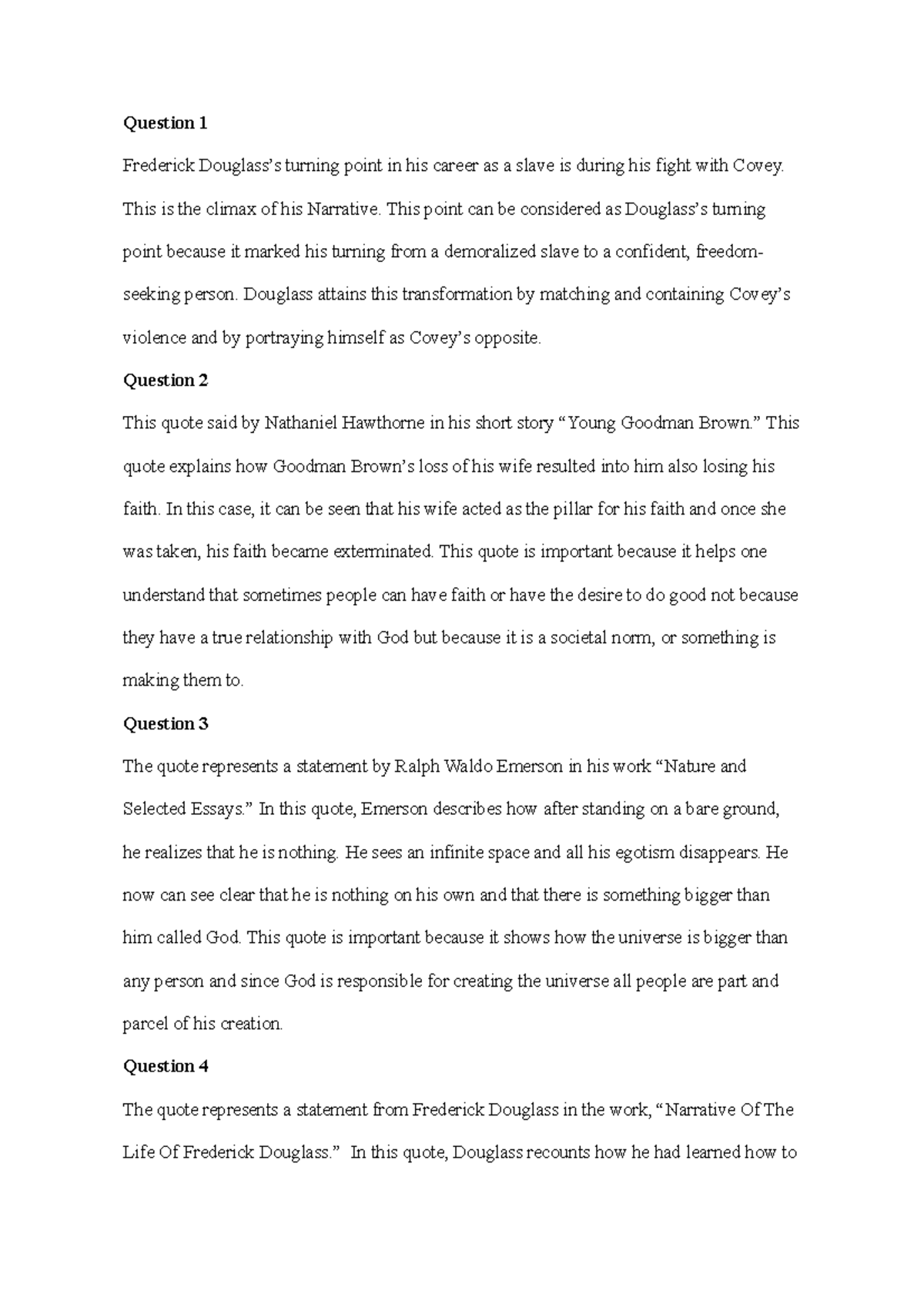 American Renaissance-Romanticism Test - Question 1 Frederick Douglass’s ...