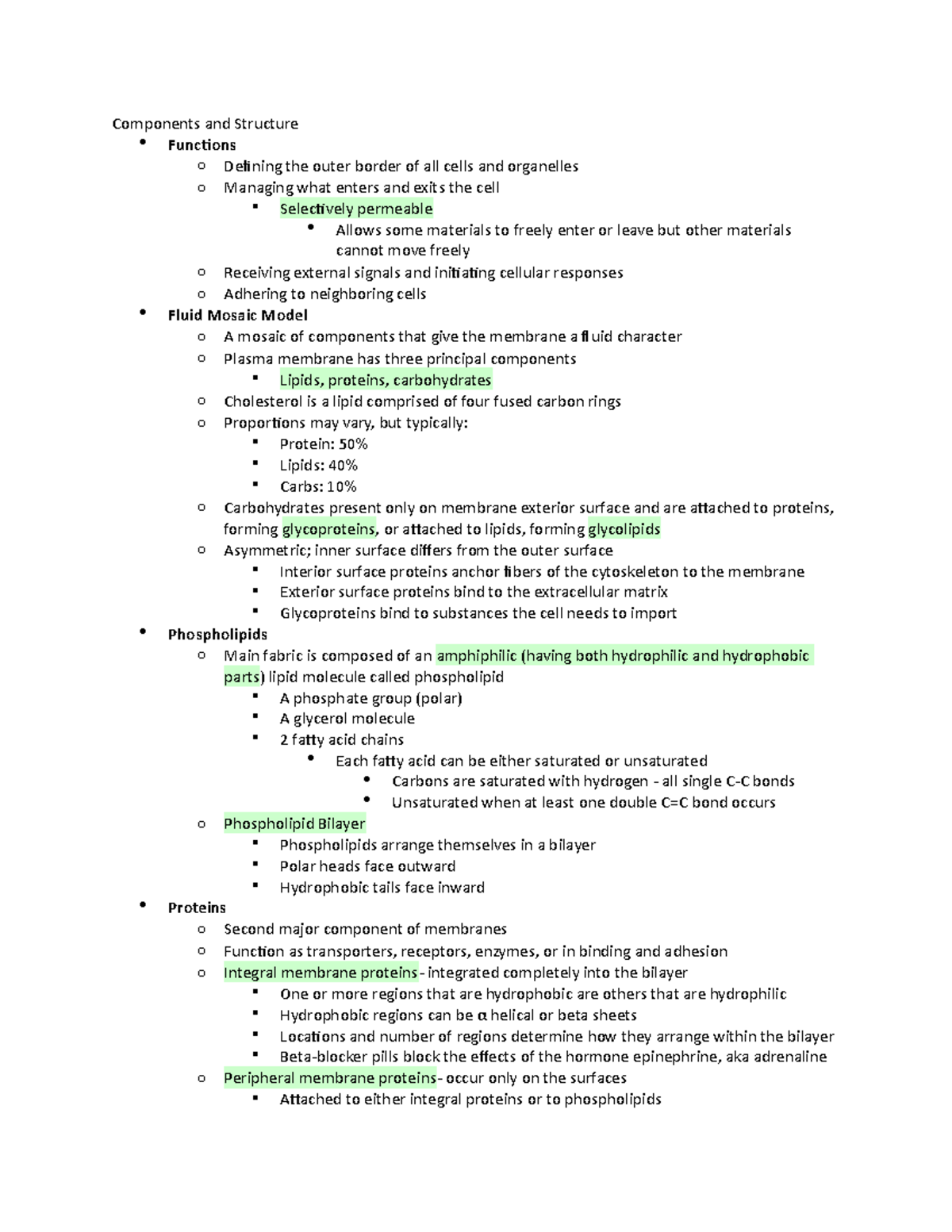 Structure and function of plasma membranes - Components and Structure ...