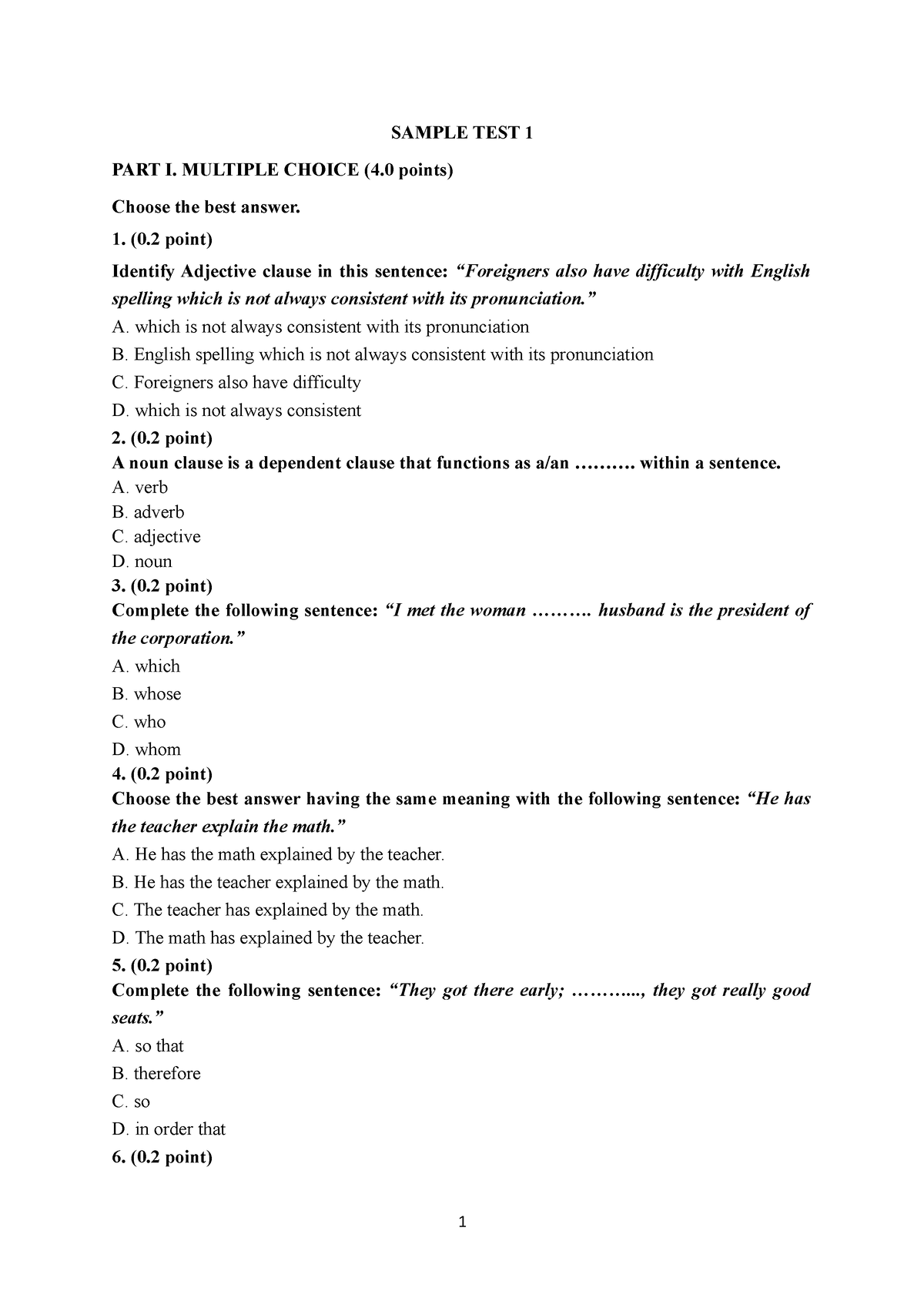 Sample TEST 1 - Ôn tập - SAMPLE TEST 1 PART I. MULTIPLE CHOICE ( 4 .0 ...