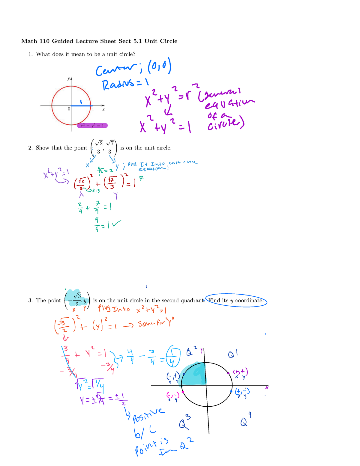 MATH 5 - math notes - Math 110 Guided Lecture Sheet Sect 5 Unit Circle ...