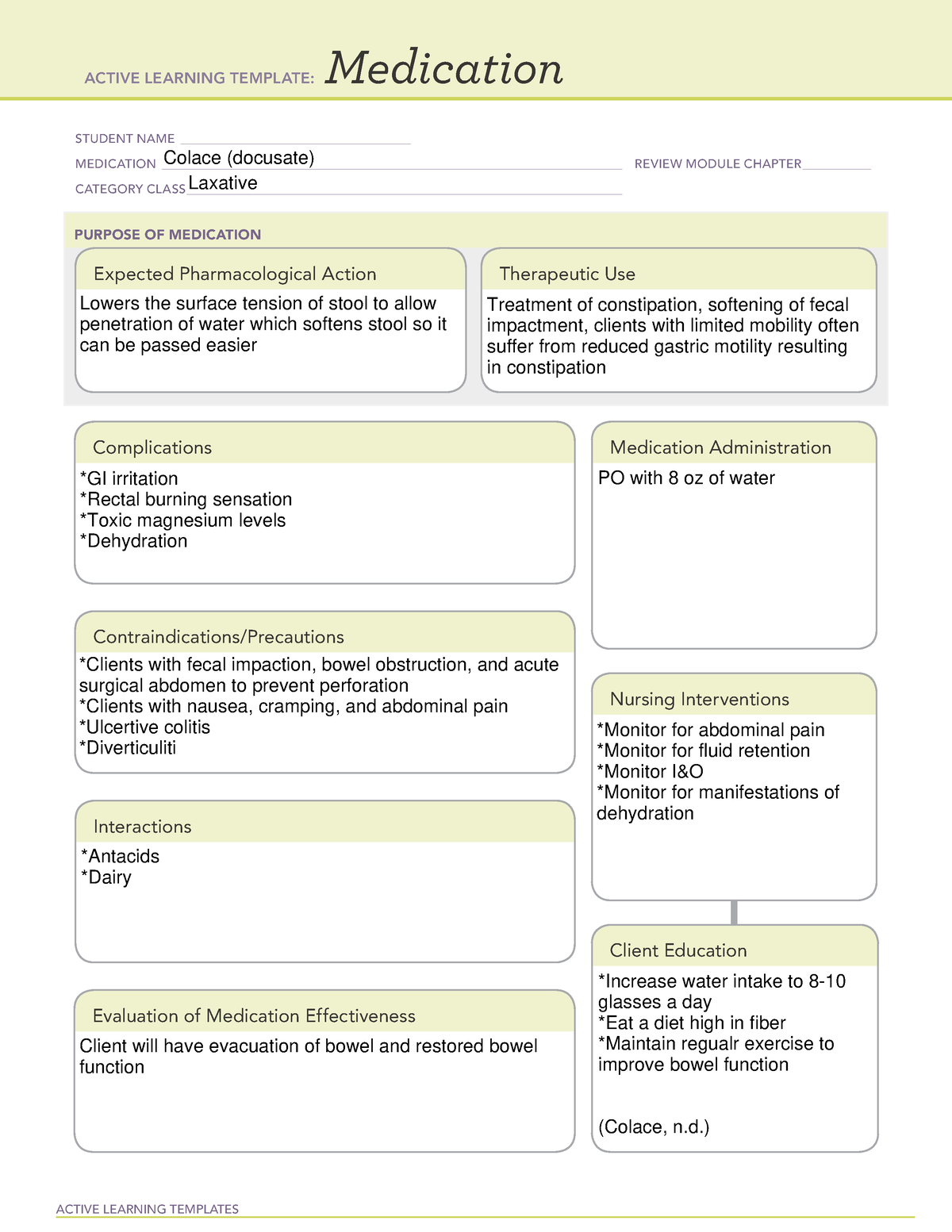 ATI Medication Template Colace dulcosate ACTIVE LEARNING TEMPLATES