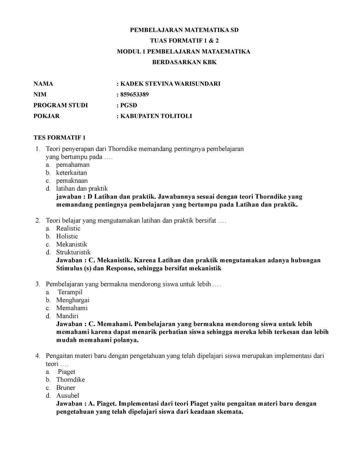 Tugas TES Formatif Modul 1 KSW - PEMBELAJARAN MATEMATIKA SD TUAS ...