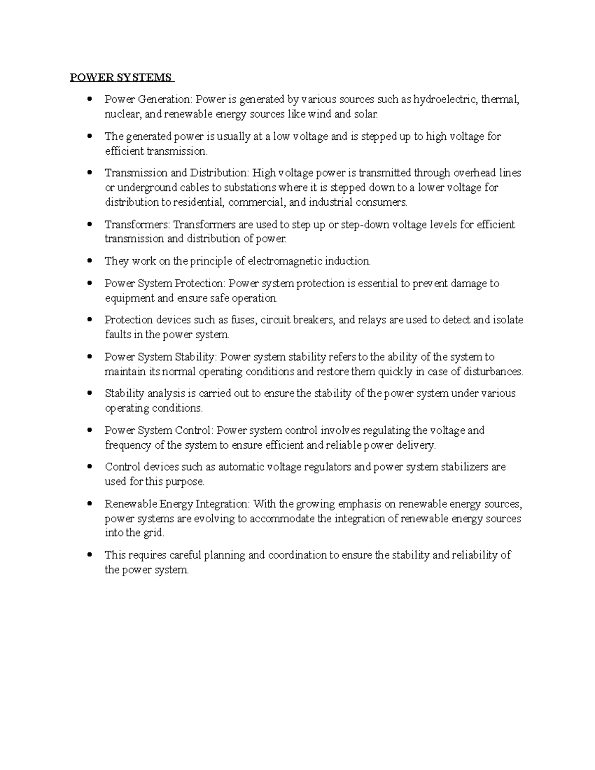 Power Systems Notes 1 - POWER SYSTEMS Power Generation: Power is ...