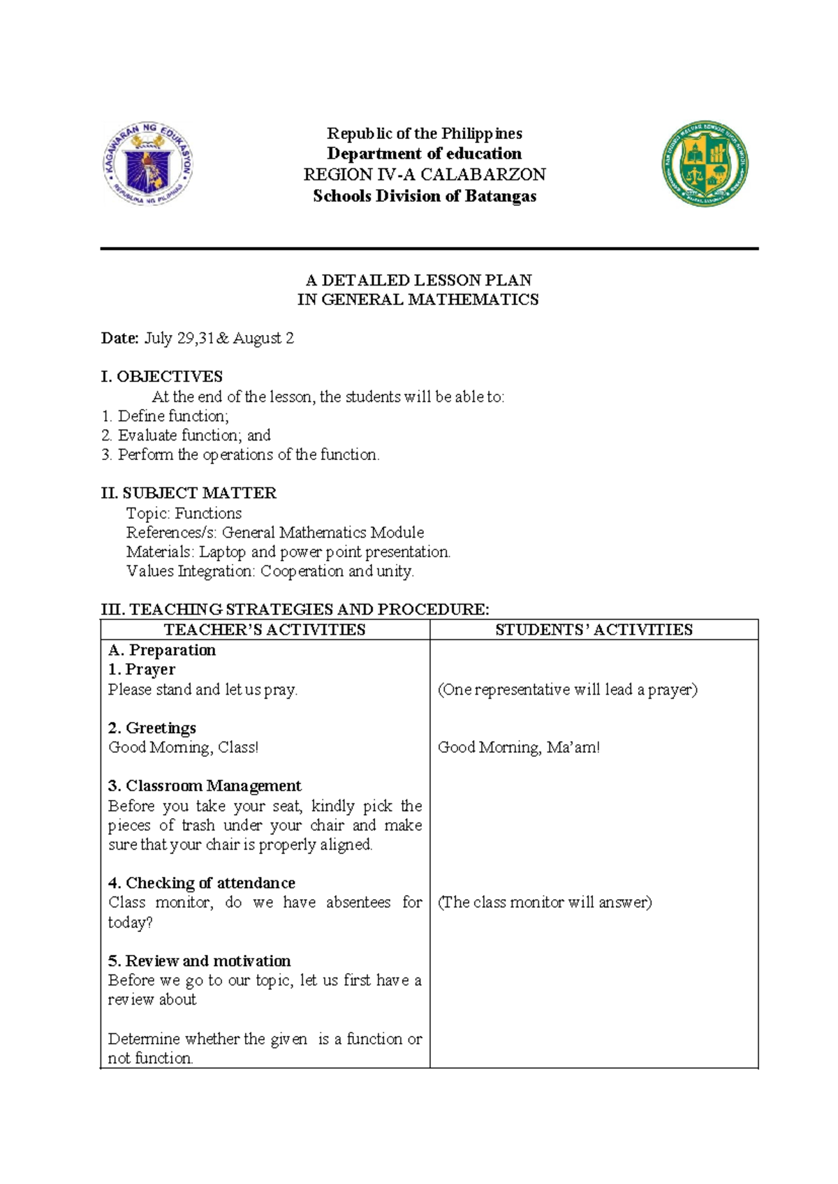 Gen Math Week 1 Q1 - math - Republic of the Philippines Department of ...