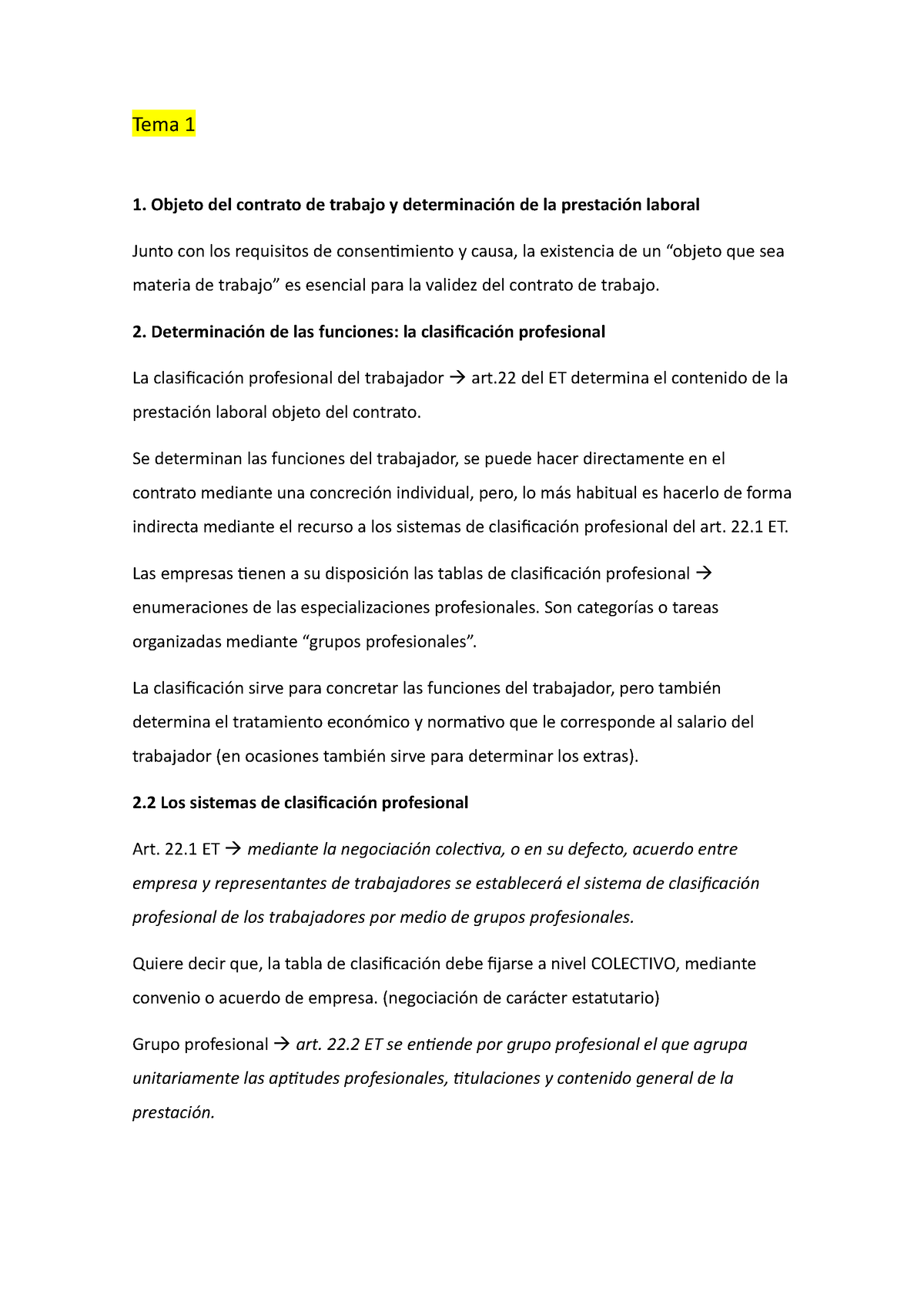 Tema 1 Clasificacion Profesional Tema 1 Objeto Del Contrato De Trabajo Y Determinación De La 8208