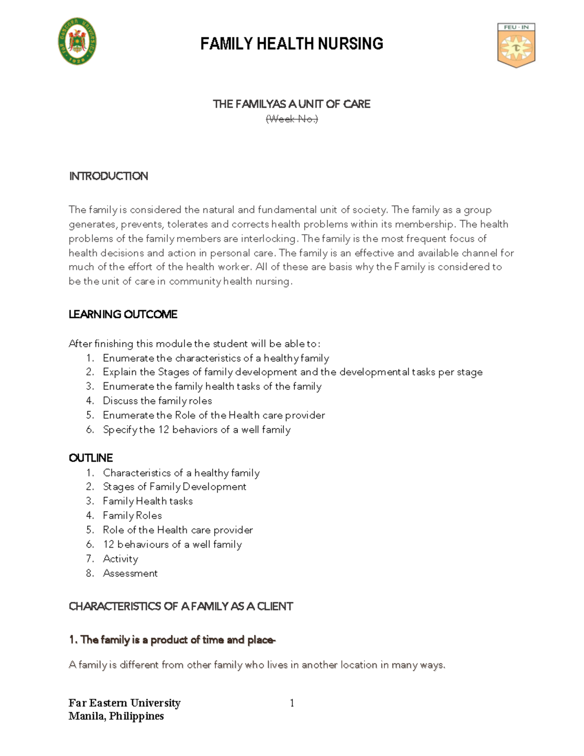 FHN-The Family as a Unit of Care- Analog - Far Eastern University 1 THE ...