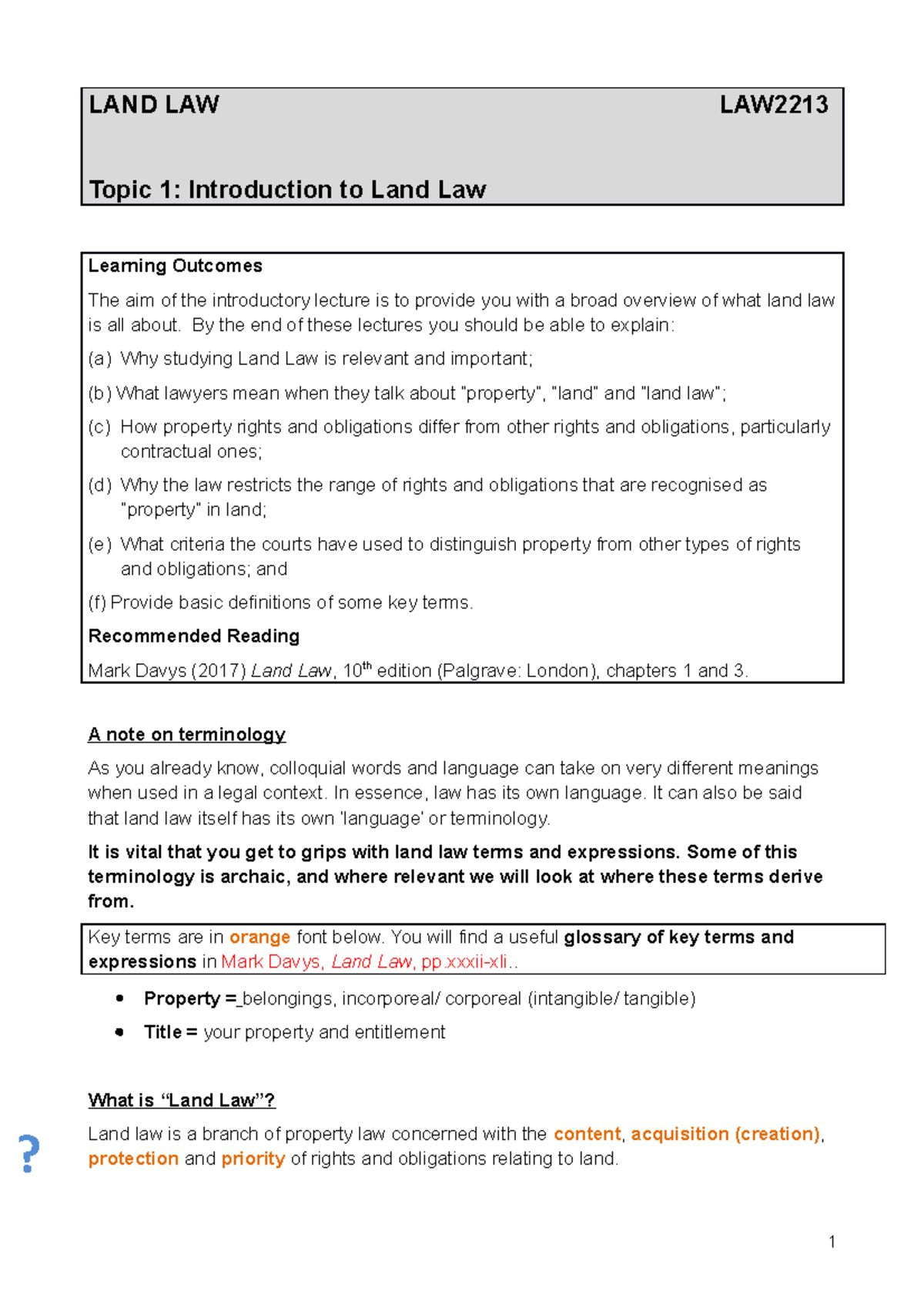 Intro to Land Law LAND LAW LAW Topic 1 Introduction to Land Law