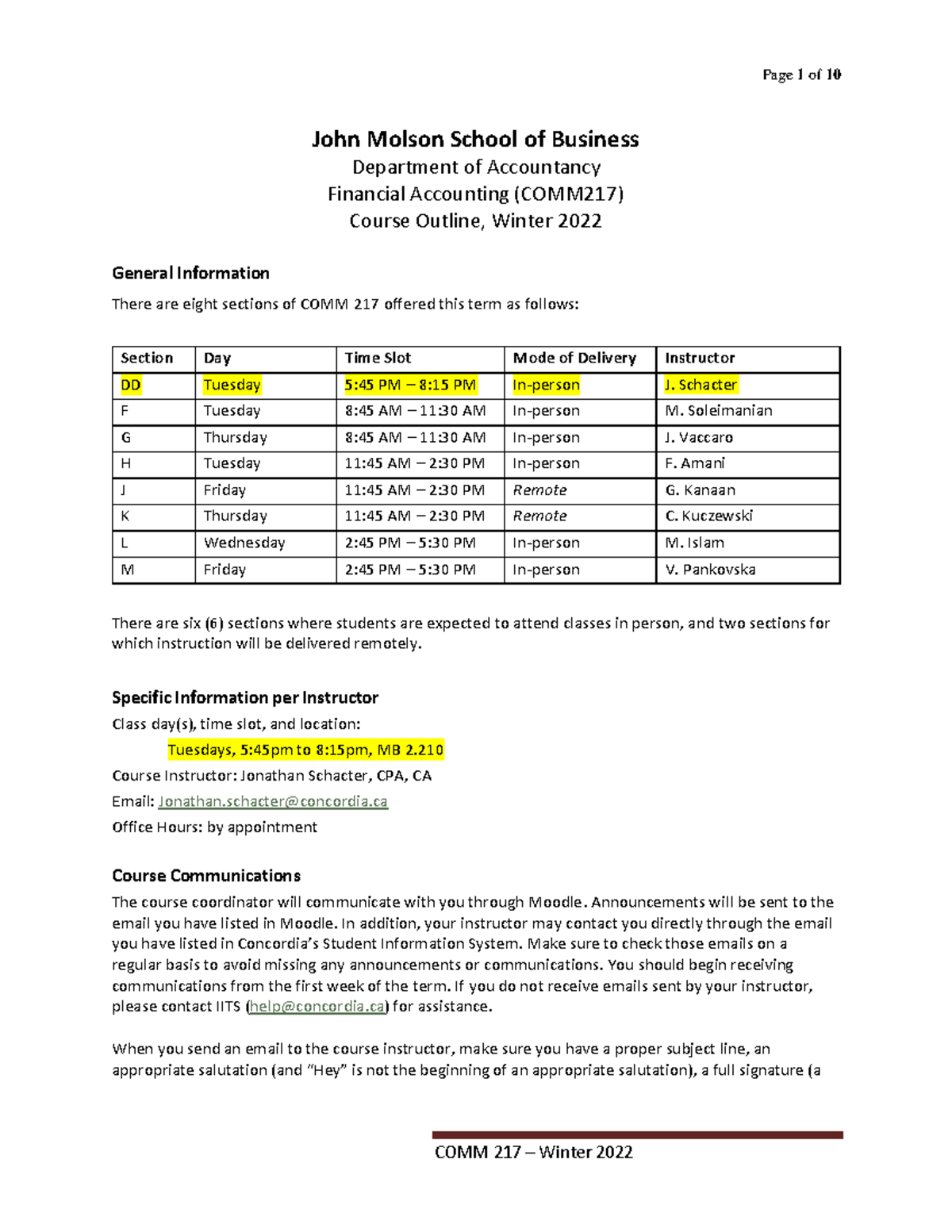 Comm 217 Course Outline Winter 2022 - John Molson School Of Business ...