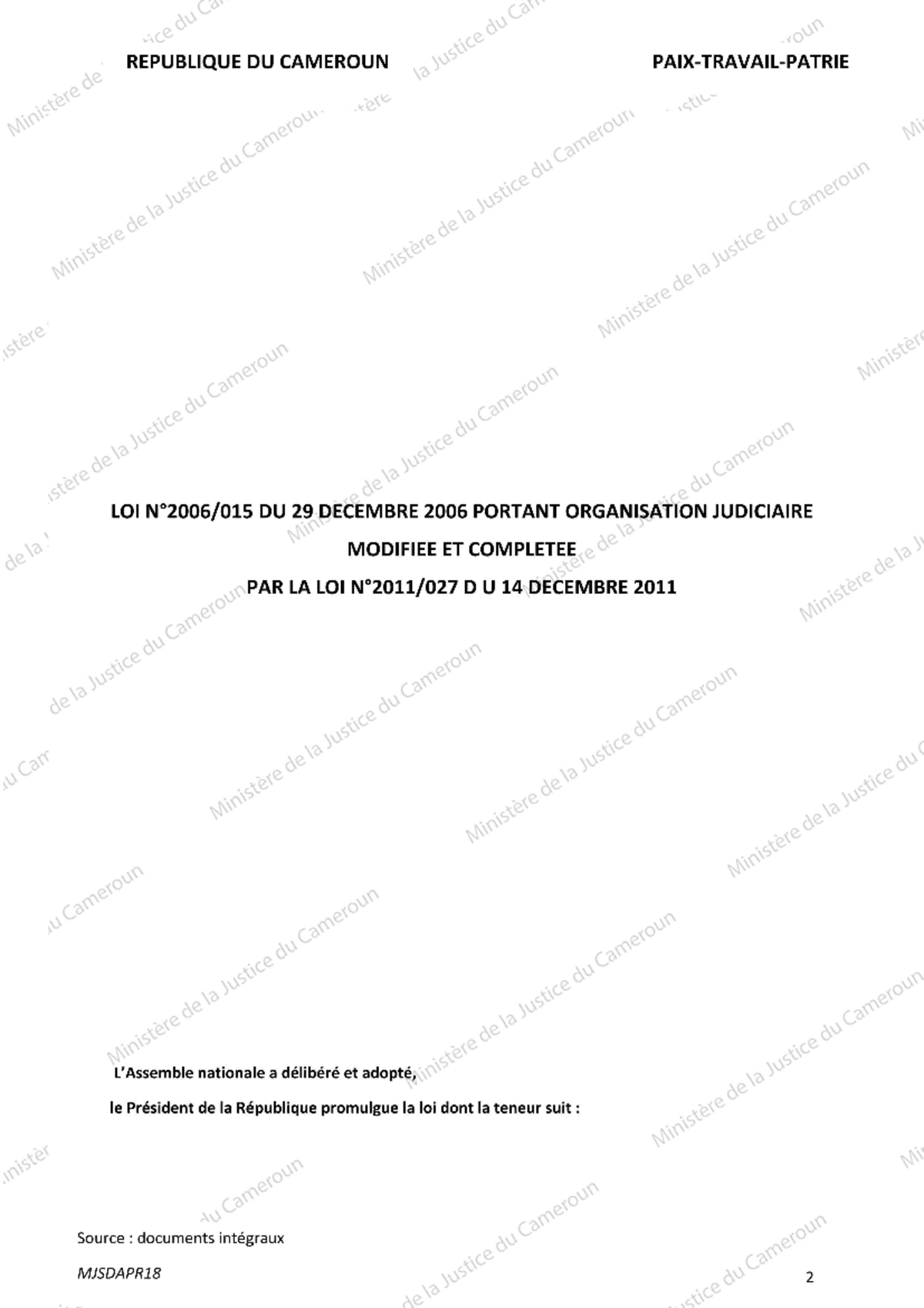 Organisation Judiciaire REPUBLIQUE DU CAMEROUN 