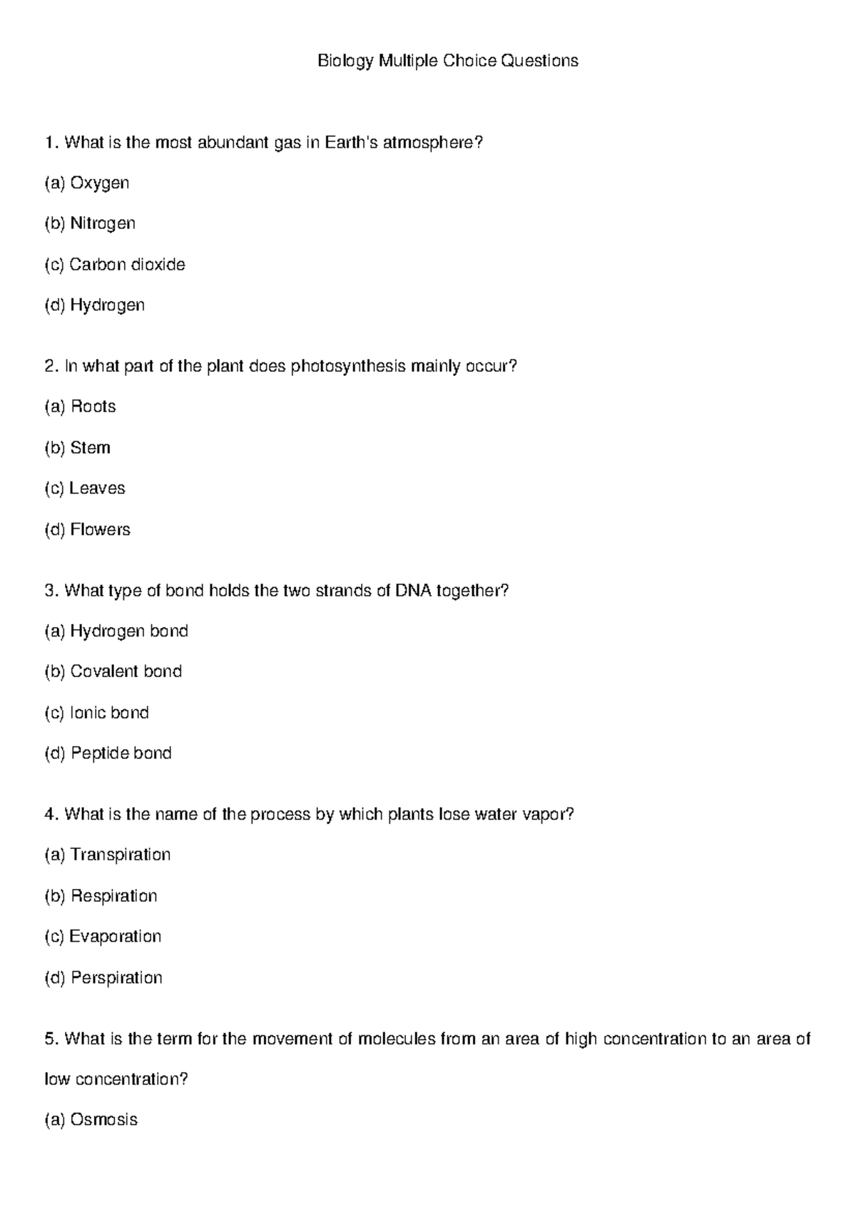Biology mc questions set 5 - Biology Multiple Choice Questions What is ...