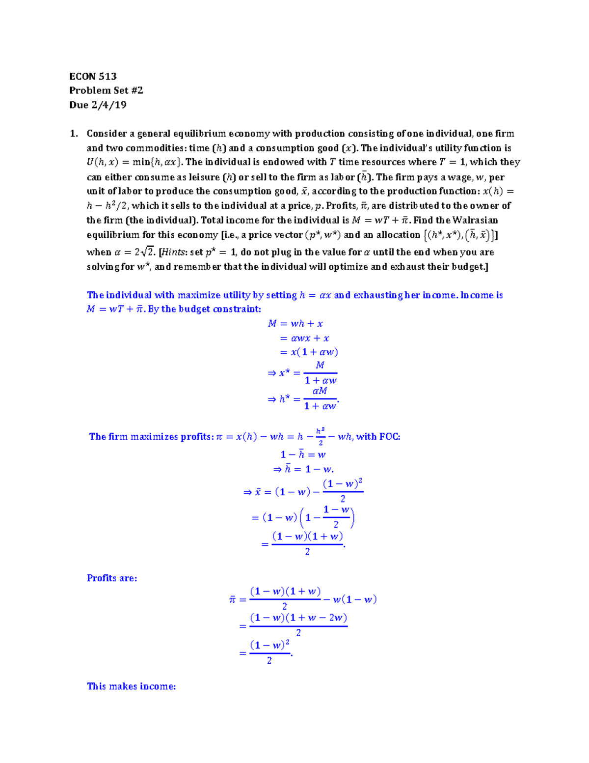 Problem set 2 spring 2019 answer key - ECON 5 13 Problem Set # Due 2/4 ...