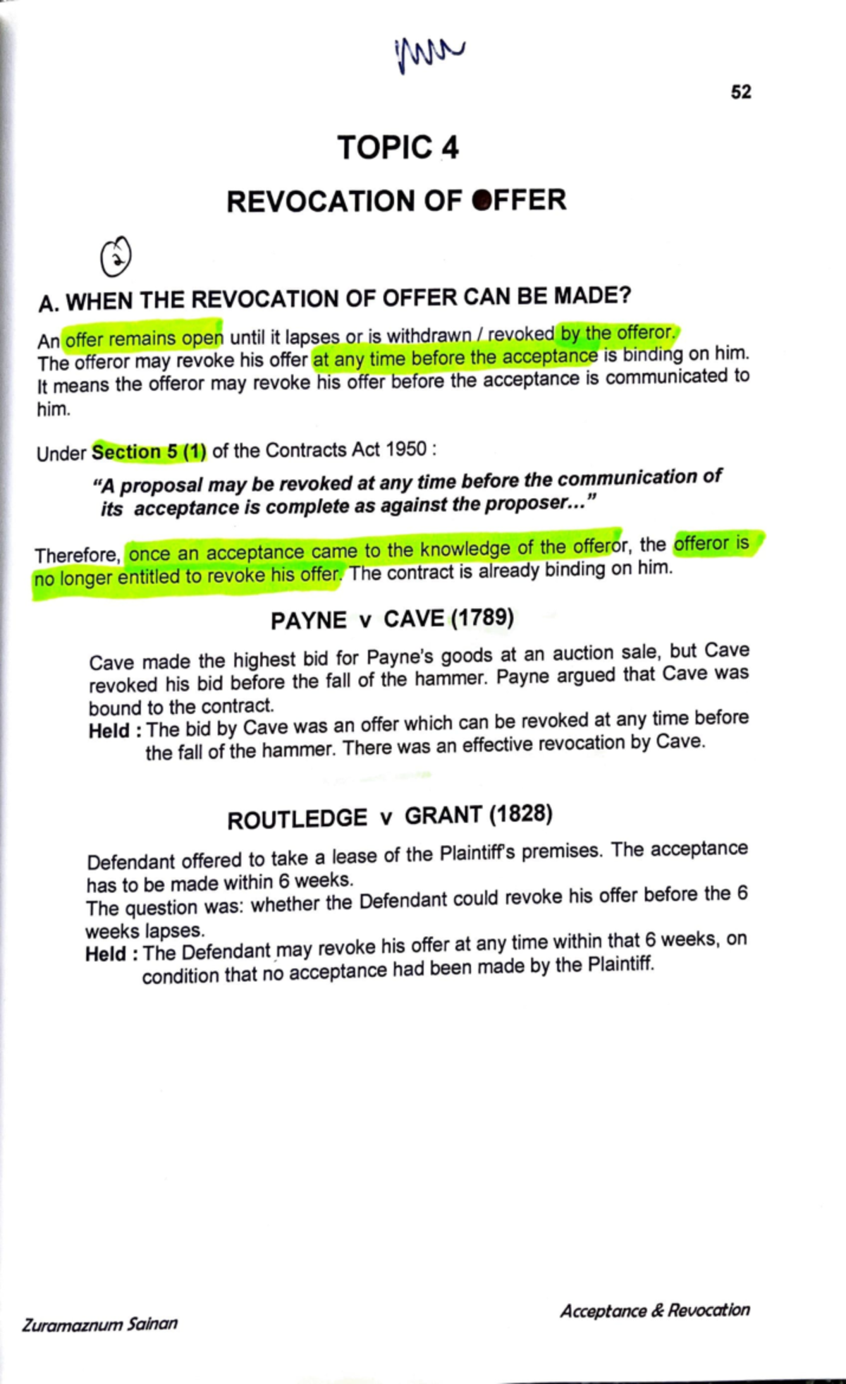 Revocation OF Offer - GOOD - ( TOPIC 4 REVOCATION OF EFFER 52 A. WHEN ...