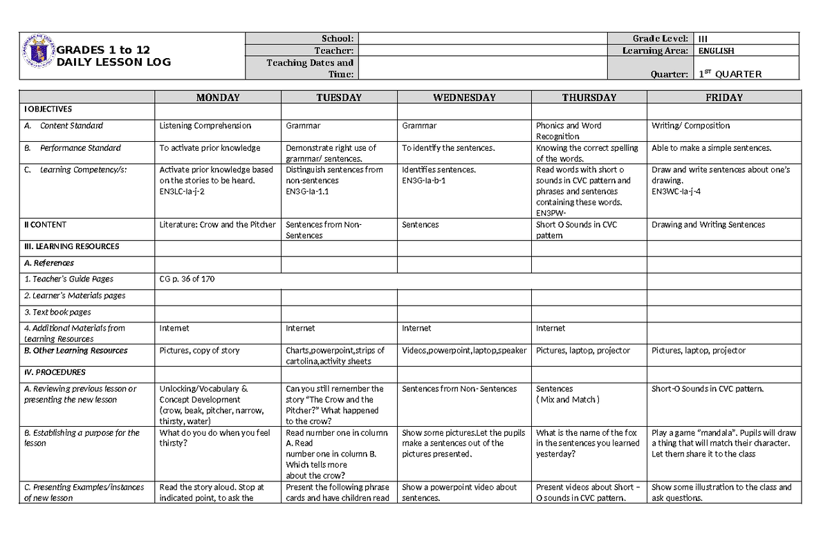 DLL English 3 Q1 W1 - for notes - GRADES 1 to 12 DAILY LESSON LOG ...