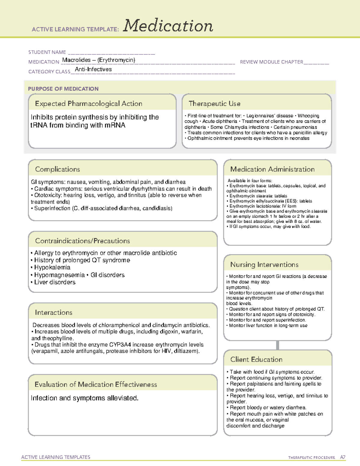 ATI Macrolides Erythromycin Med Sheet ACTIVE LEARNING TEMPLATE 