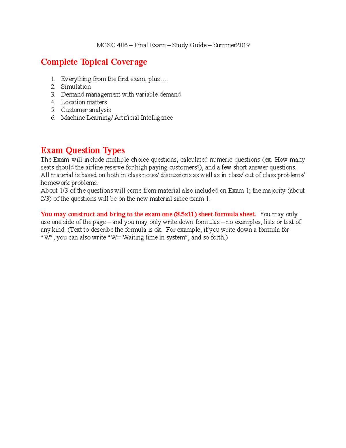 Test 2 study guide - MGSC 486 – Final Exam – Study Guide – Summer ...