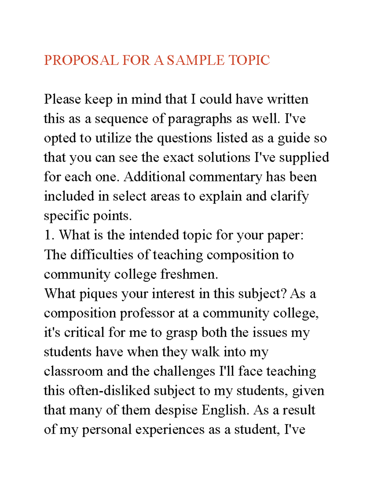 Proposal FOR A Sample Topic - PROPOSAL FOR A SAMPLE TOPIC Please keep ...
