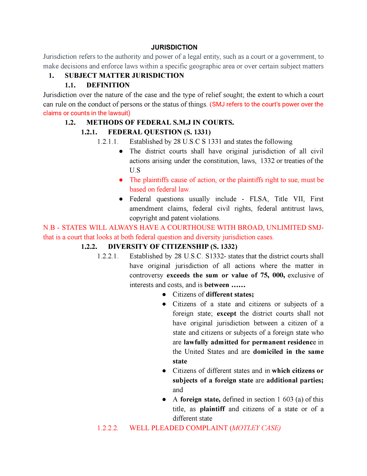 CIV PRO 1 Outline - JURISDICTION Jurisdiction Refers To The Authority ...