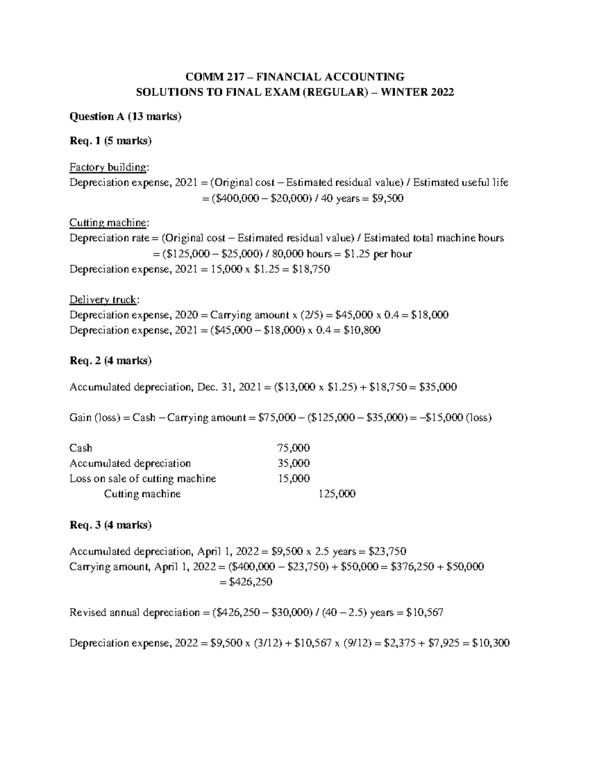 Solution To Final Exam Winter 2022 - COMM 217 – FINANCIAL ACCOUNTING ...