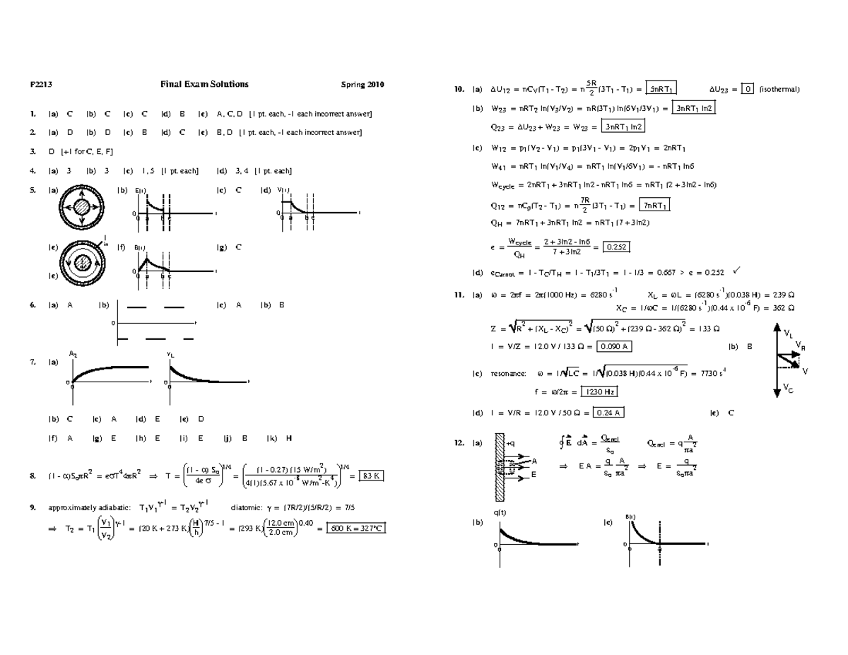 Final Solutions Spring 2010 - P2213 Final Exam Solutions Spring 2010 (a ...