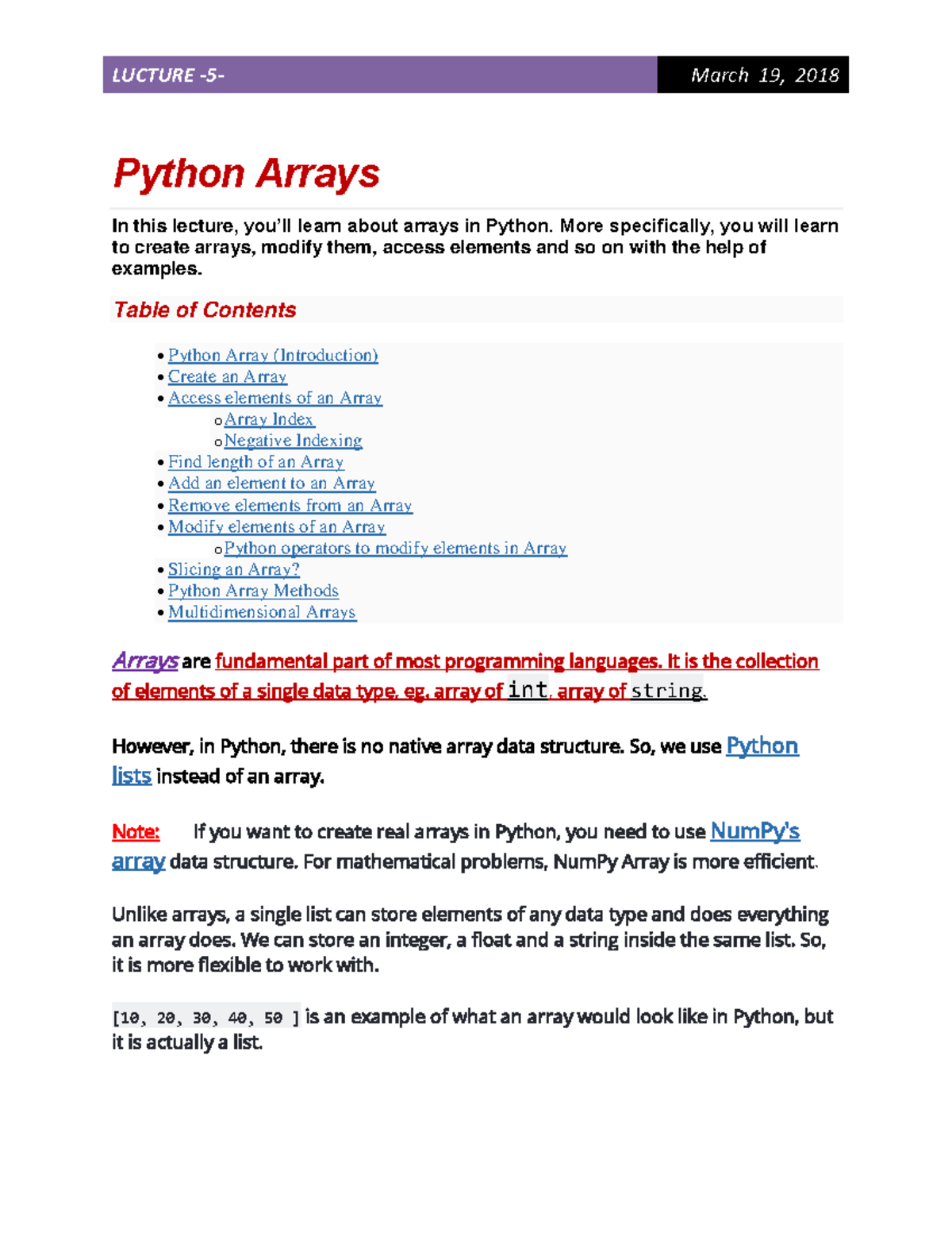 Publication 4 28724 6236 - Python Arrays In this lecture, you'll learn  about arrays in Python. More - Studocu