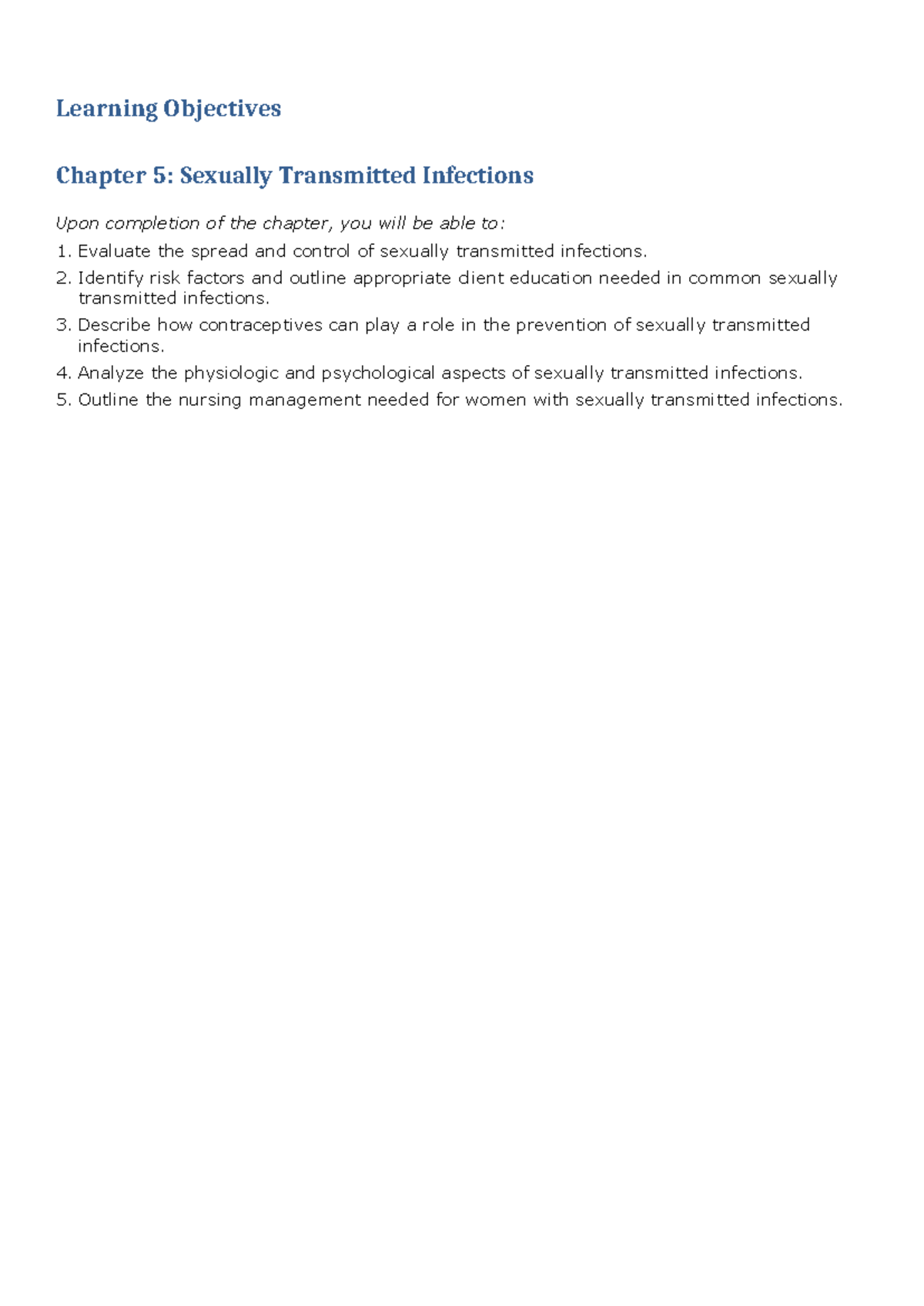 LO Chapter 05-2 - n/a - Learning Objectives Chapter 5: Sexually ...
