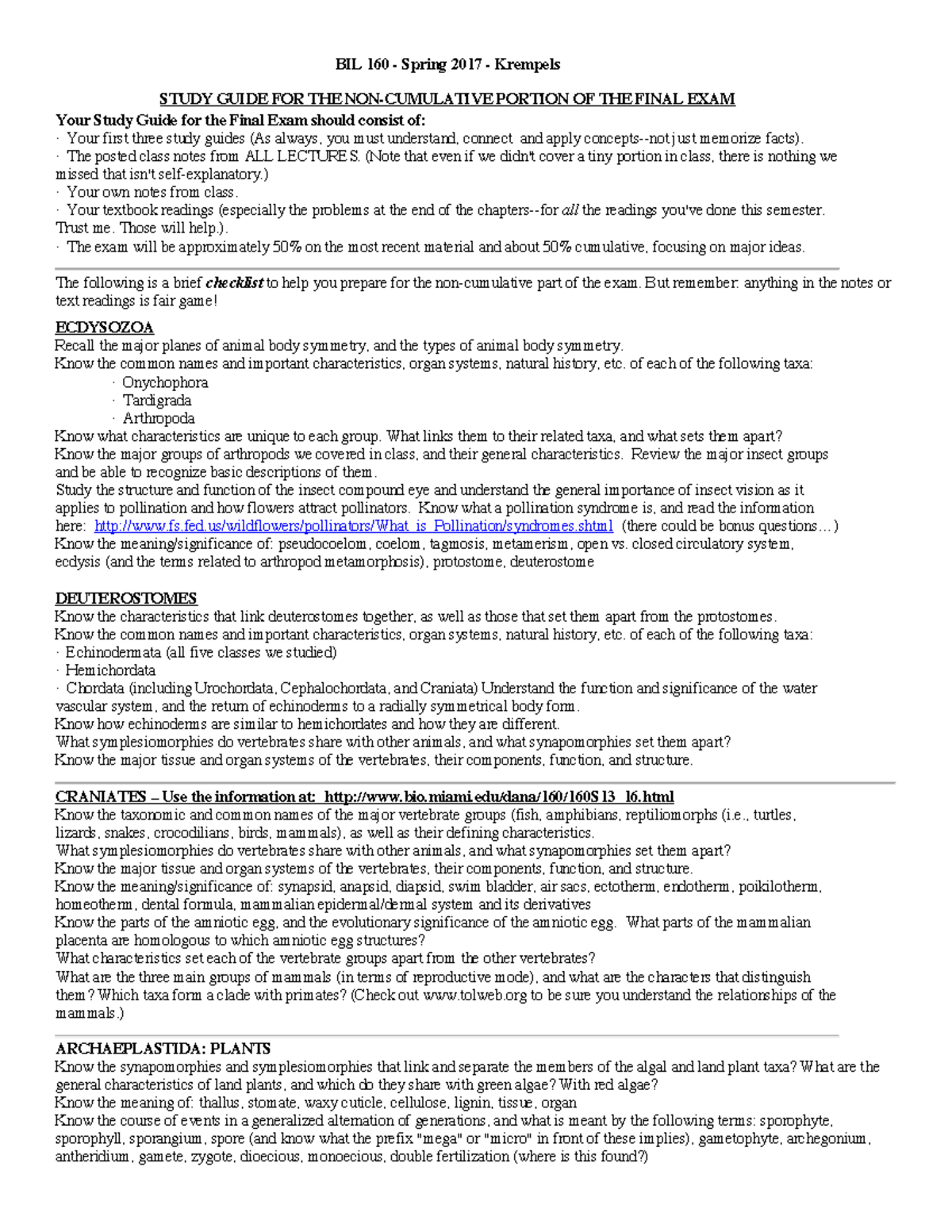 Final exam study guide - BIL 160 Spring 2017 Krempels STUDY GUIDE FOR ...